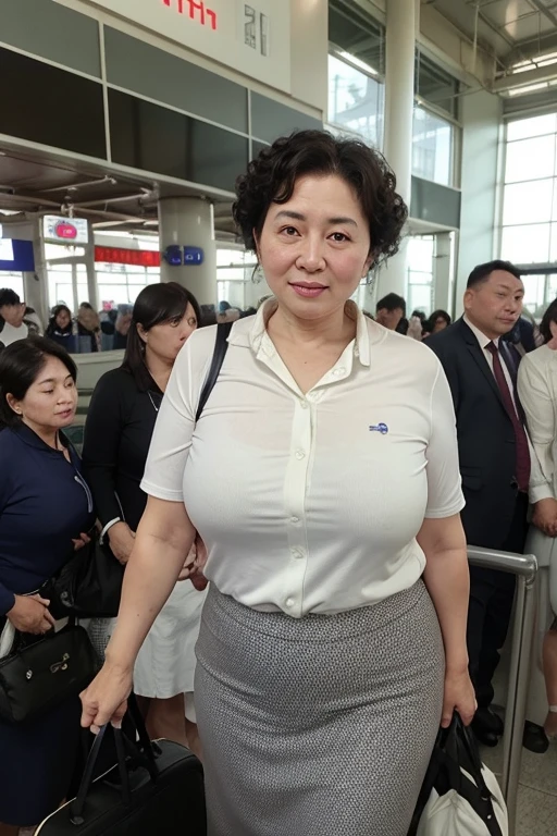  Northeast Auntie waiting to board the flight in the terminal、Organic Photography、 Best Quality 、masterpiece、 ultra-high resolution 、Beautiful old lady、50 years old、Elegant face ， wearing a business shirt ， skirt， huge sagging breasts ，curls、Real skin texture， sideways shape ， showing smooth and plump thighs ，Airport background ， background blur