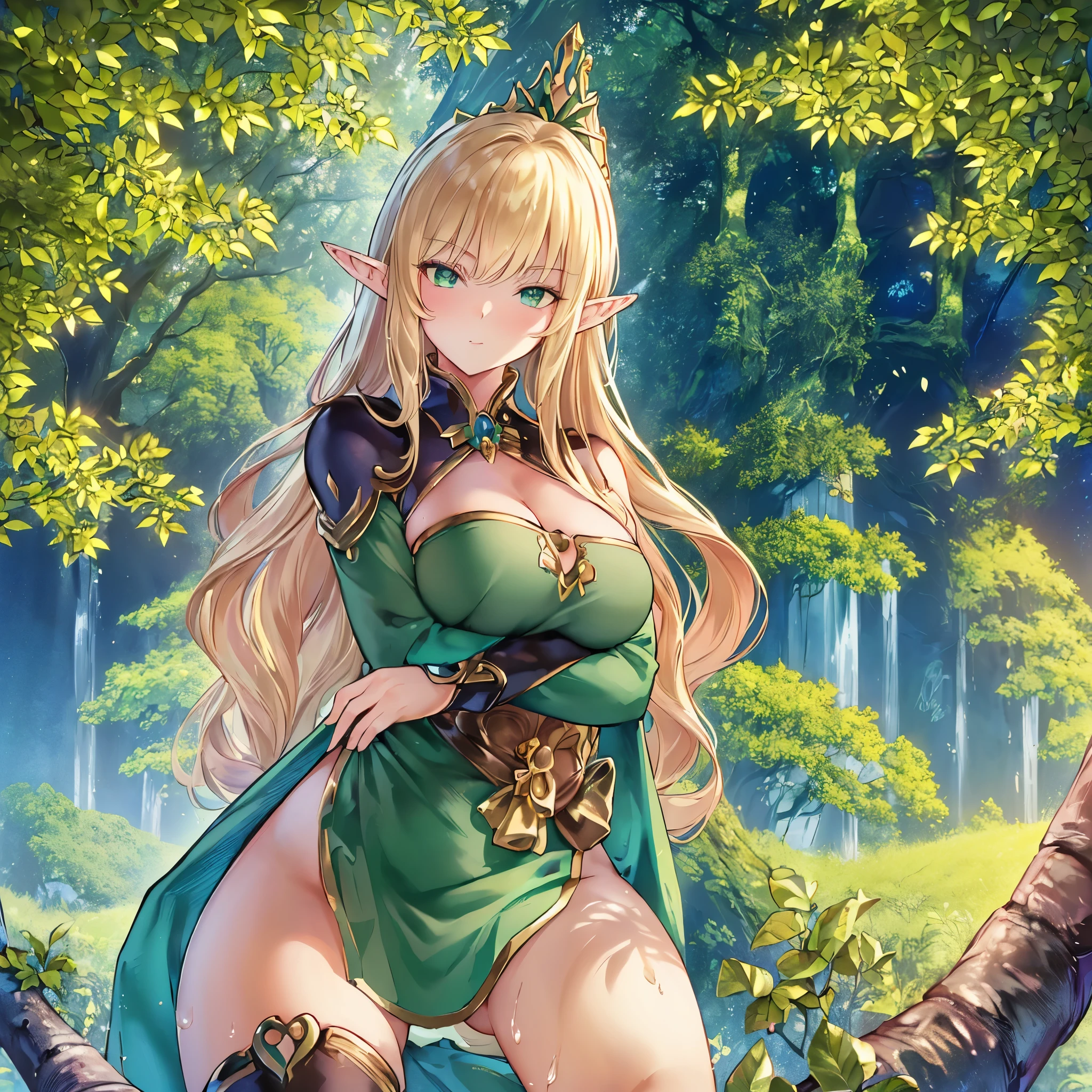 (Original Character、Unity 16K Wallpaper, masutepiece, Best Quality, Ultra-detailed, extremely details CG, Caustics, Cinematic lighting, Detailed, Beautiful detailed eyes, Solo、Oily skin), Ultra High Resolution, Fine skin, (elf, Plump), (strong lights)、((Brighten the subject))、Cute Elf、big breasts:1.4、Shiny valley、de pele branca、green colored eyes、Blonde short wavy hair、Ahoge、Long sideburns:1.4 、Gold hair ornament、Crystal Earrings、Revealing green long dress、Gold Accessories、White cloak、Gold Accessories、Brown sandals、Holding a wand、in woods、