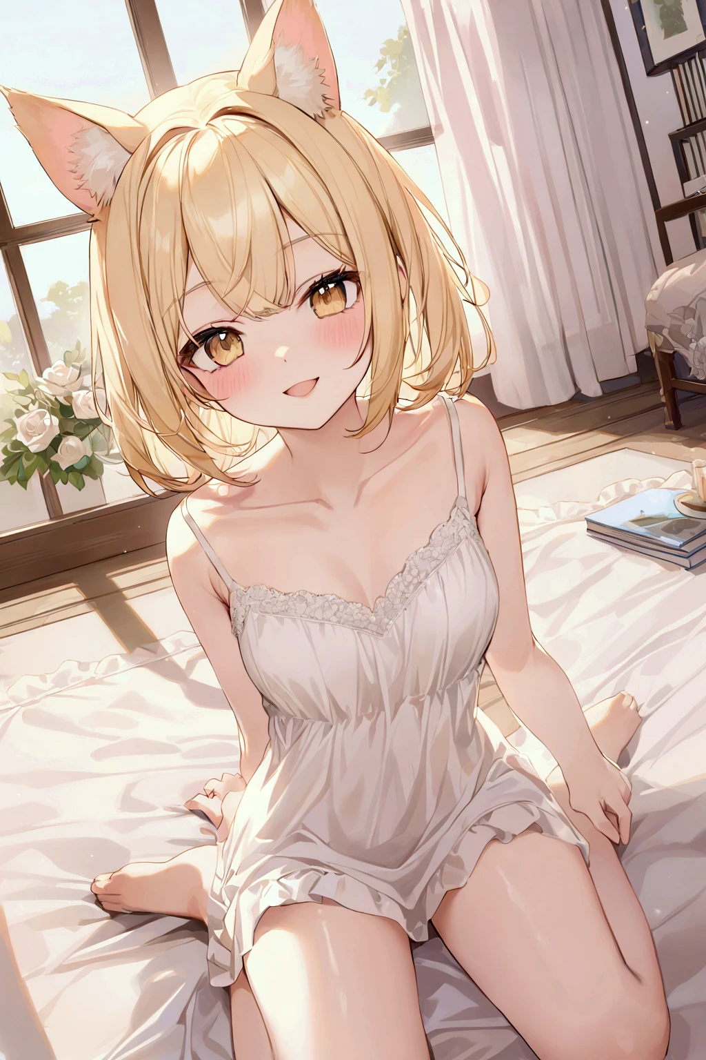  girl、increase、Blonde、Animal Ears、 white camisole 、 Bedroom、smile、 wariza