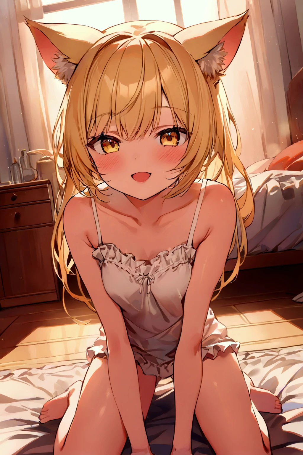  girl、increase、Blonde、Animal Ears、 white camisole 、 Bedroom、smile、 wariza