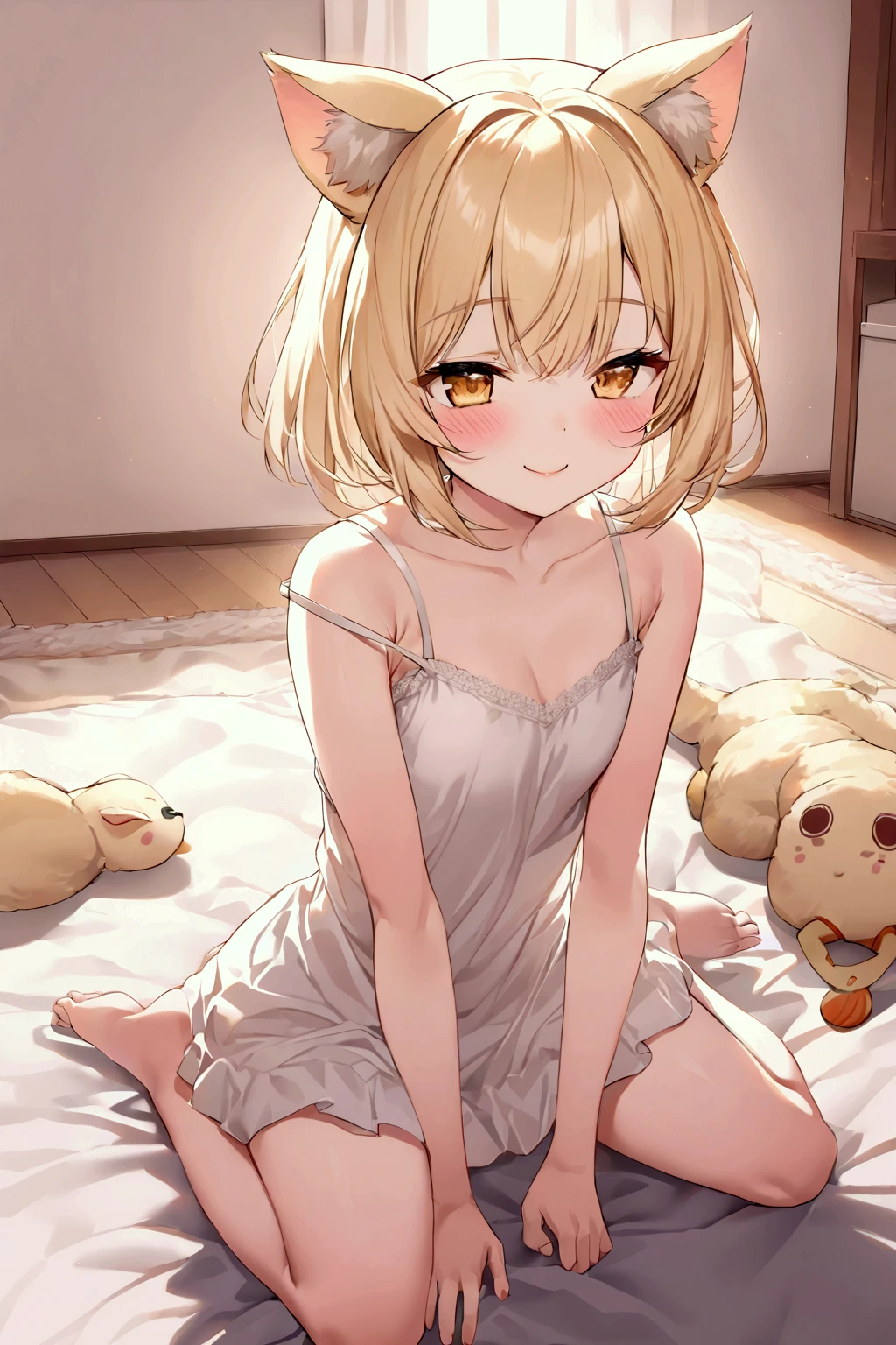  girl、increase、Blonde、Animal Ears、 white camisole 、 Bedroom、smile、 wariza