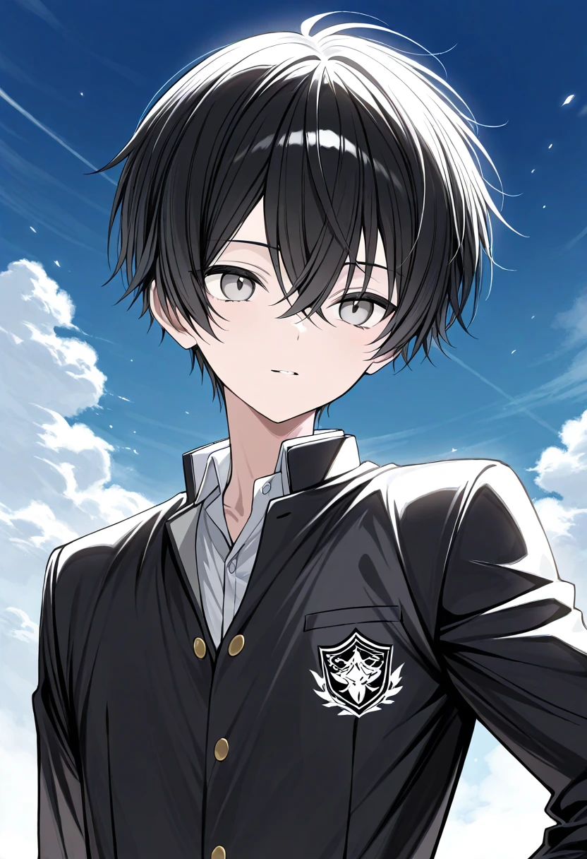 blue gray black hair， gray eyes ，whole body，male，School Uniform