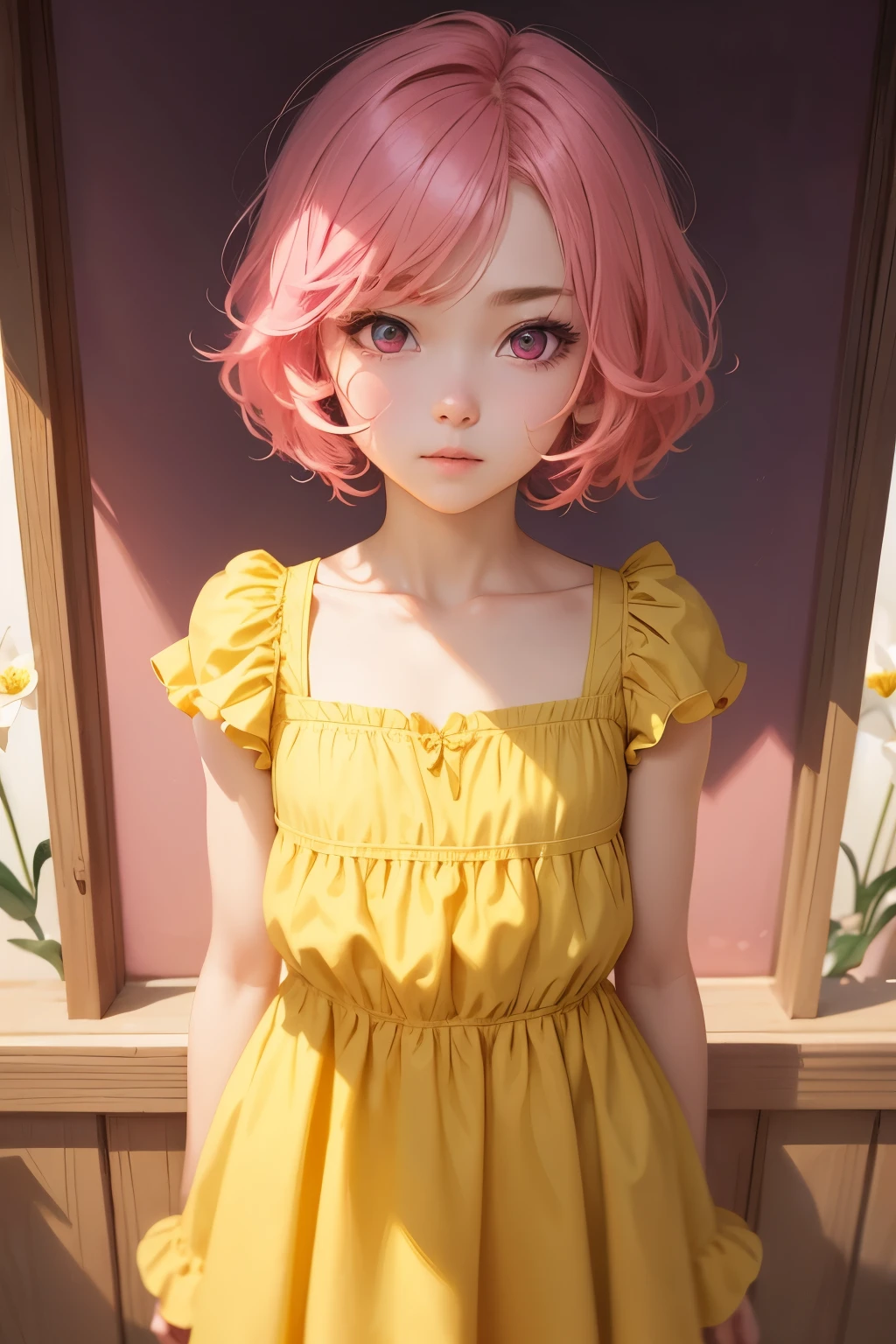 Femboy, otoko no ko, pink hair, short hair, flat chest, sexy body, cute face, Shy face, pink eyes, frilled dress, short dress, yellow dress, Lily flower background frame 