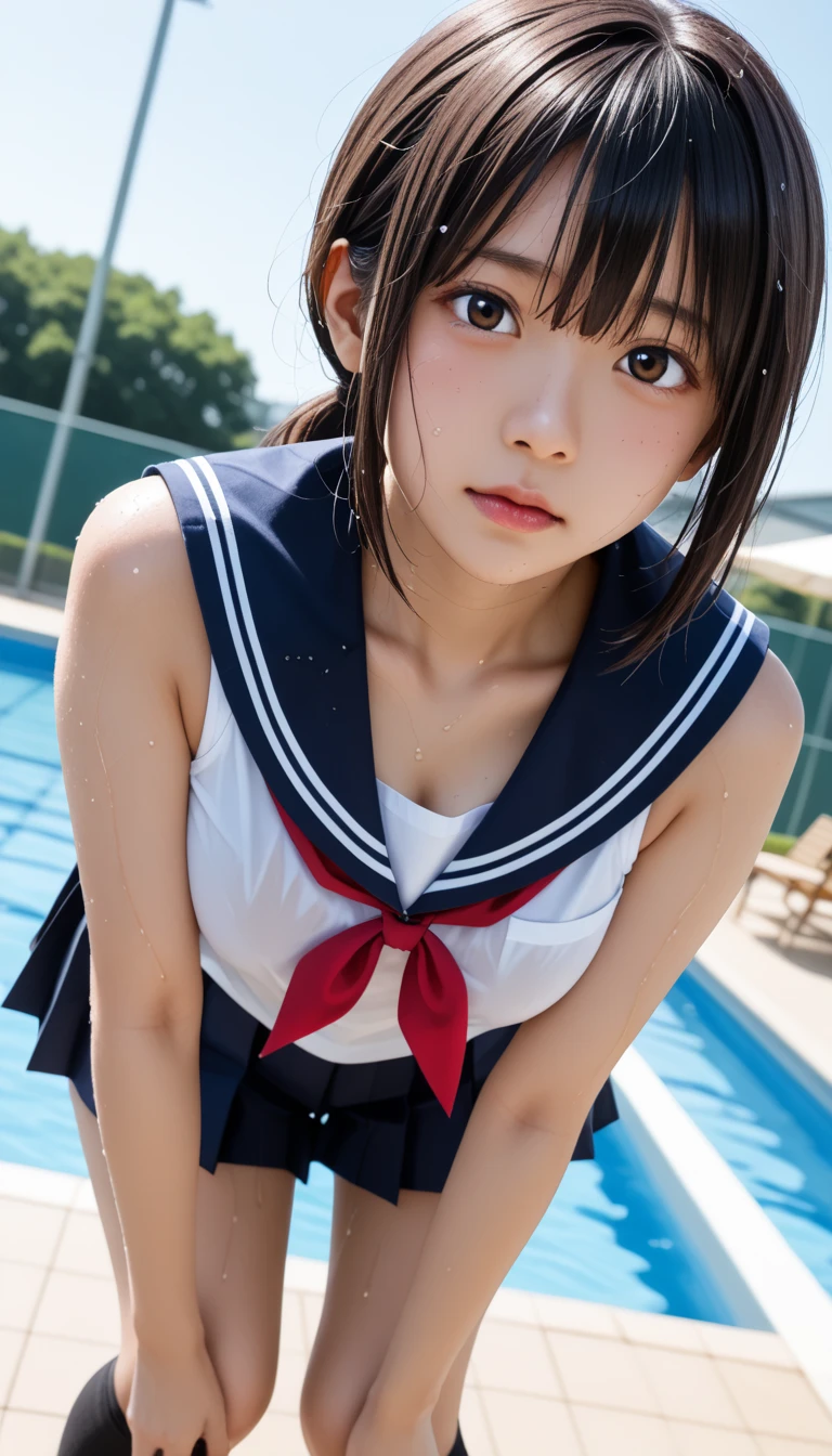  Wet 1 Japanese Female Middle School Student 、masterpiece 、  top quality  、 Super high resolution、 realistic、 beautiful lighting arranged in an orderly manner、  RAW photos 、4K Ultra HD、  super detailed face、Clear Face、Detailed eye、 beautiful eyes、(Embarrassed)、1080P、 tan dark skin 、 black hair,   wet hair、 short bob cut , bangs、 Ponytail、 horny 、 young gravure idol who lost weight、、 red headband、 white gloves、((( taut chest、 tight breasts)))、((( viewersに近づけるようにお口を持っていきます)))、((( wet hair ))),((( blue sky)))、(((Wet Japanese Female Middle School Student 、  navy sailor color 、 with both shoulders out 、 wet pleated skirt 、 black knee socks、Wear black shorts)))、 Japanese Female Middle School Student Wearing Wet School Uniform、((small outdoor pool 、 viewersを見つめながら顔を近づけキスをする)) break ( messy bun  ) break ((( EXTREME FACE UP SHOT ,  viewers, the above ))), ((  viewersにひざまずく))、( perfect anatomy)、 break ((Upper eyelid))、((( midi skirt)))、 thin beautiful thighs 、 beautifully manicured hair 、 oily skin 、Five fingers