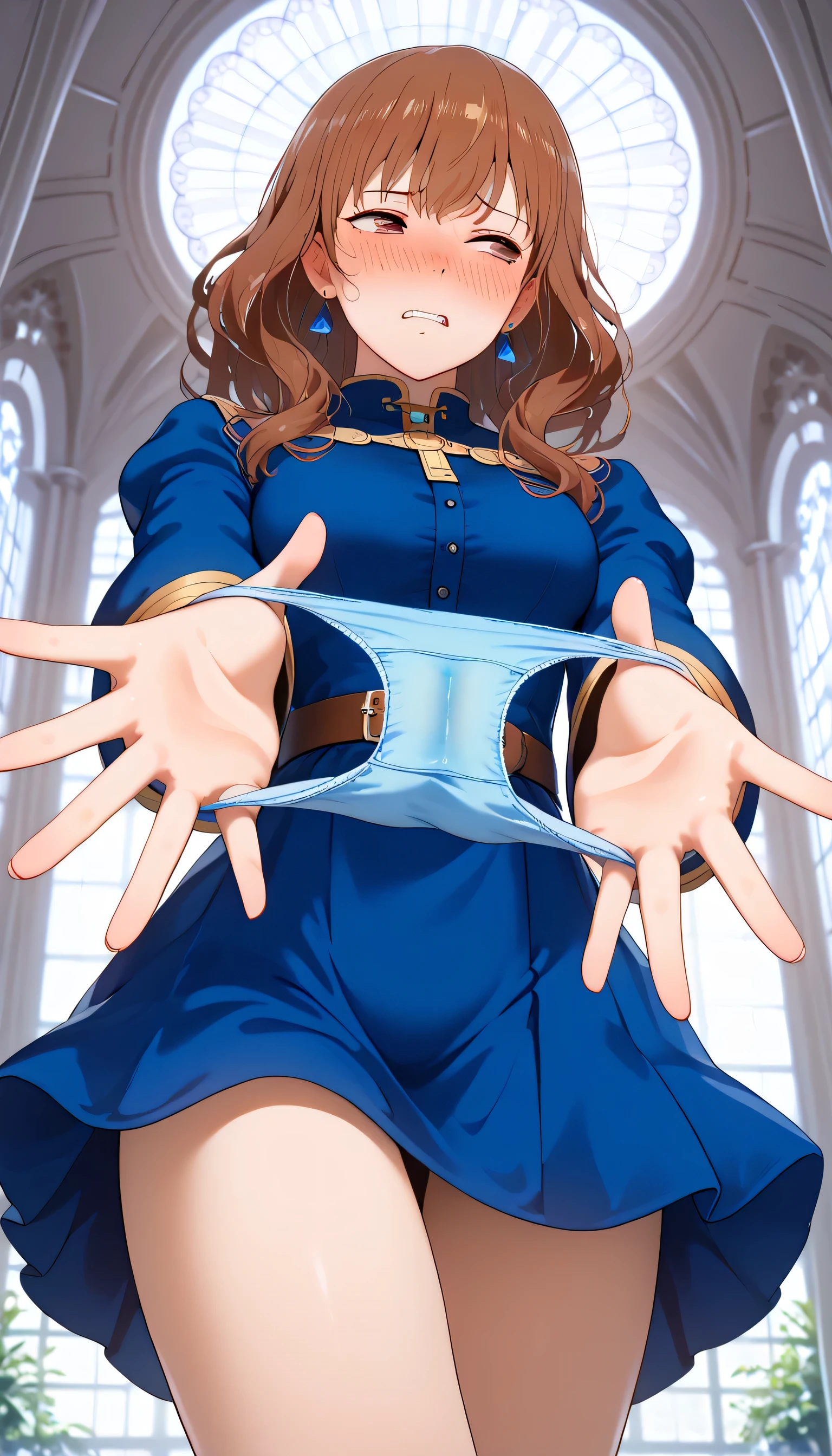 looking away:1.3 (Worm’s Eye View1.0)(feet out of frame shot)(front view)(Nausicaa,1girl,brown hair, medium straight hair, brown eyes, medium breasts, earrings, blue dress , long_ sleeves, belt, short skirt jitome) (embarrassed:1.5) (Tight eyes) (narrowed eyes:1.5) narrowed eyebrows:1.3 (下がり眉:1.5) troubled eyebrows:1.3 (nervous hatred:1.2)(frown:1.1) clenched teeth:1.5 (withdrawn face:1.6),nose blush:1.2 embarrassed,blush:1.5 feeling weak:1.3 standing crossed legs:1.2 holding blue panties unworn blue panties Unworn blue panties hands panties presenting removed panties, holding panties, holding underwear, holding unworn clothes, stained panties, unworn panties, panties, outstretched arms 4k High quality, Ultra detailed, best quality, insanely detailed, beautiful, masterpiece　anime style source anime anime coloring　(ログハウスroom:1.2）