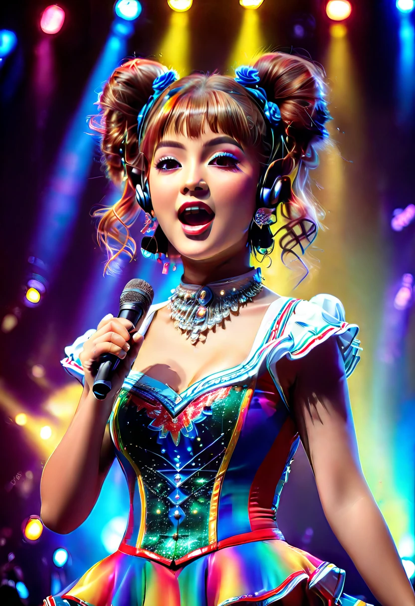 beautiful young idol girl singing concert on stage with twin tails, bust:1.5, (best quality, 4k, 8k, highres, masterpiece:1.2), ultra-detailed, (realistic, photorealistic, photo-realistic:1.37), elegant facial features, extremely detailed eyes and face, intricate hairstyle, expressive pose, colorful stage lights, dynamic performance, vibrant colors, glowing skin, professional photography