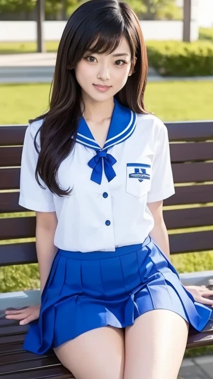neat college girl, (school uniform, sailor uniform, ribbon tied at chest, summer uniform, upper body white, skirt is dark blue), outside the athletic field, (slim), photorealistic, detail, skin texture, ultra detail, delicate sexy collarbone, smile, super detailed face, detailed lips, detailed eyes, small breasts, small breasts, small, small, flat breasts, breast emphasis