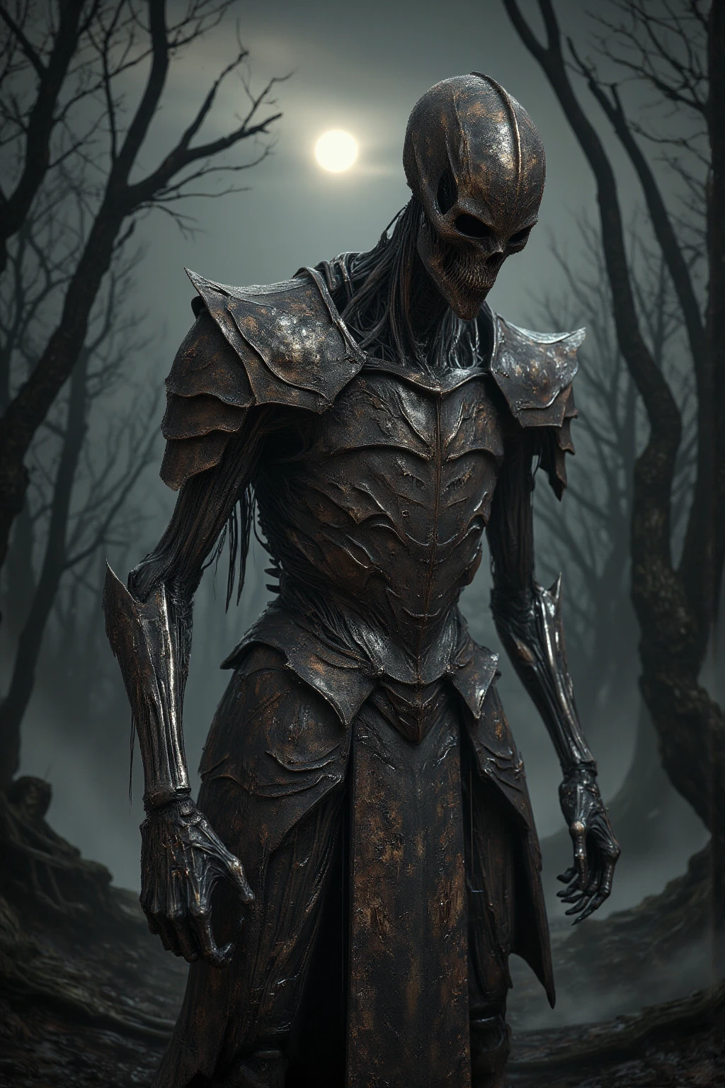 Draugr2024, armor, best quality, masterpiece, photorealistic, glowing eyes, skinny, screaming, dungeon,, rib cage, bones, skeletal, helmet, decay,