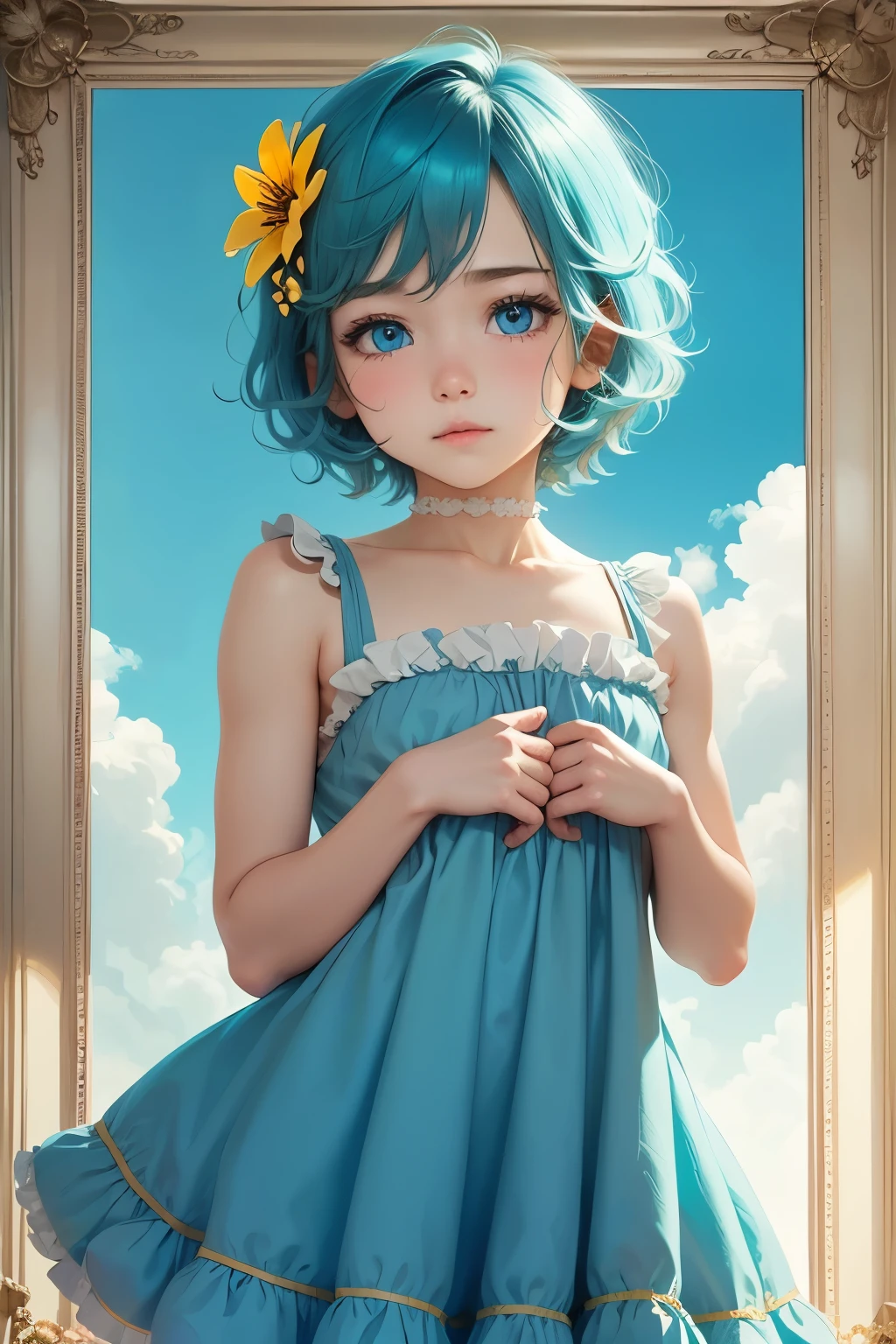 Femboy, otoko no ko, blue aqua hair, short hair, flat chest, sexy body, cute face, Shy face, blue eyes, frilled dress, short dress, yellow dress, Lily flower background frame