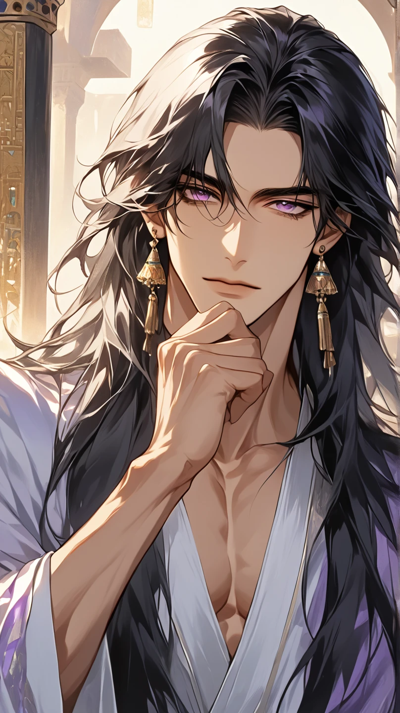 (score_9, score_8_up), long hair, masterpiece, best quality, 1 man , black-Silver hair , perfect face , purple eye , handsome male , Alone, adult male , delicate line drawingimpasto, masterpiece, high resolution, Top quality, unique , 1 male , nice , tanned skin , black haired, a sultan, Egypt, open clothes