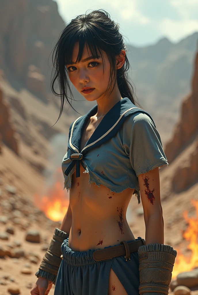 Helene Skelton, Vietnam War era, closeup headshot, prise de vue depuis le sol, naked american soldier, tattoos, and spacious, transpiration, damp hair, bloody and bruised, sunny, M16, on a bloody battlefield, sludge, explosion, fires