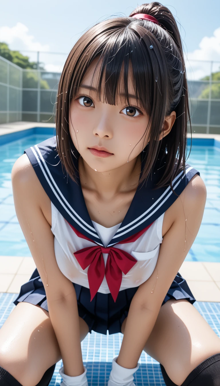  Wet 1 Japanese Female Middle School Student 、masterpiece 、  top quality  、 Super high resolution、 realistic、 beautiful lighting arranged in an orderly manner、  RAW photos 、4K Ultra HD、  super detailed face、Clear Face、Detailed eye、 beautiful eyes、(Gaze sideways)、1080P、 tan dark skin 、 black hair,   wet hair、 short bob cut , bangs、 Ponytail、 horny 、 young gravure idol who lost weight、、 red headband、 white gloves、((( taut chest、 tight breasts)))、((( viewersに近づけるようにお口を持っていきます)))、((( wet hair ))),((( blue sky)))、(((Wet Japanese Female Middle School Student 、  navy sailor color 、 with both shoulders out 、 wet pleated skirt 、 black knee socks、Wear black shorts)))、 Japanese Female Middle School Student Wearing Wet School Uniform、((small outdoor pool 、 viewersを見つめながら顔を近づけキスをする)) break ( messy bun  ) break ((( EXTREME FACE UP SHOT ,  viewers, the above ))), ((  viewersにひざまずく))、( perfect anatomy)、 break ((Upper eyelid))、((( midi skirt)))、 thin beautiful thighs 、 beautifully manicured hair 、 oily skin 、Five fingers