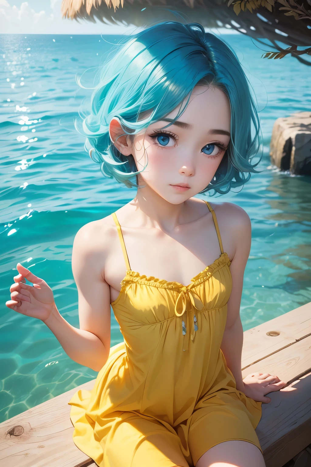Femboy, otoko no ko, blue aqua hair, short hair, flat chest, sexy body, cute face, Shy face, blue eyes, frilled dress, short dress, yellow dress, sea background frame 