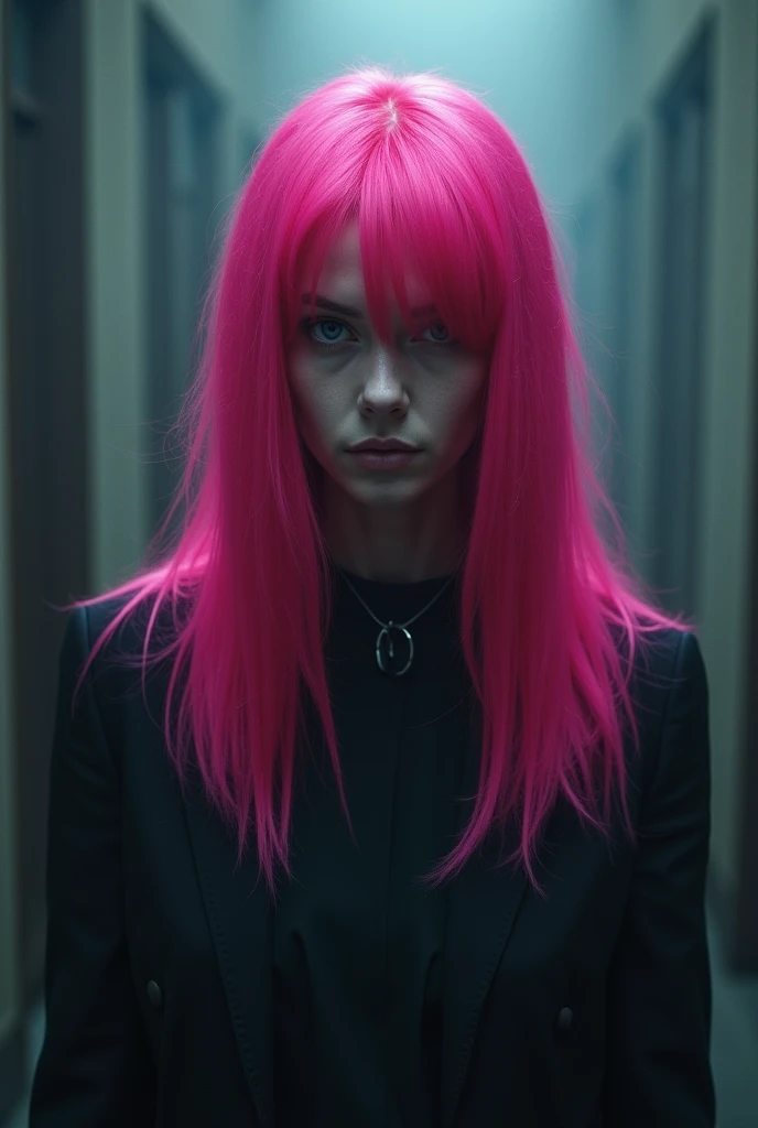 model woman pink haired goth haireye angry teeth eye liner  restroom scary