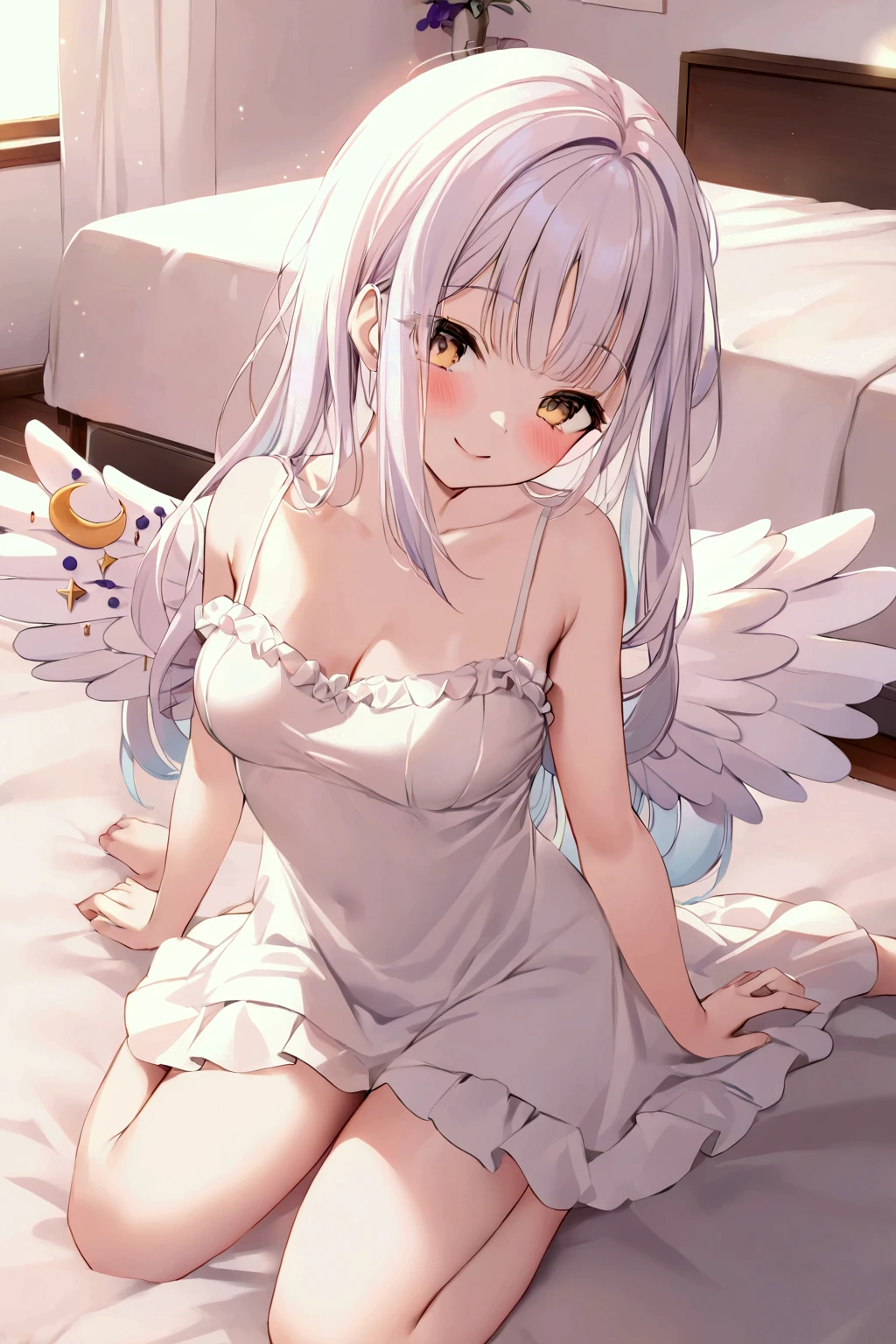  girl、mika,White Wings、 white camisole 、 Bedroom、smile、 wariza