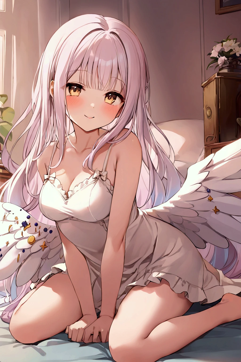  girl、mika,White Wings、 white camisole 、 Bedroom、smile、 wariza