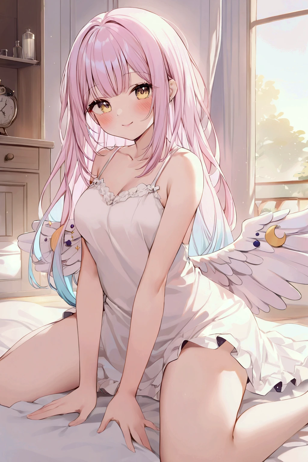  girl、mika,White Wings、 white camisole 、 Bedroom、smile、 wariza