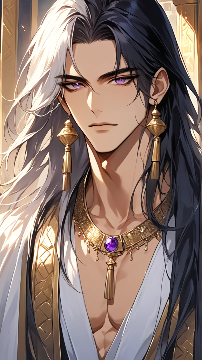 (score_9, score_8_up), long hair, masterpiece, best quality, 1 man , black-Silver hair , perfect face , purple eye , handsome male , Alone, adult male , delicate line drawingimpasto, masterpiece, high resolution, Top quality, unique , 1 male , nice , tanned skin , black haired, a sultan, ((Egt, open clothes, ((Pharaoh)). ((Ancient Egypt.)).