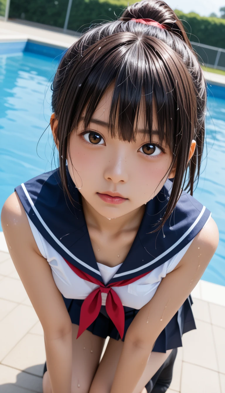  Wet 1 Japanese Female Middle School Student 、masterpiece 、  top quality  、 Super high resolution、 realistic、 beautiful lighting arranged in an orderly manner、  RAW photos 、4K Ultra HD、  super detailed face、Clear Face、Detailed eye、 beautiful eyes、(Gaze sideways)、1080P、 tan dark skin 、 black hair,   wet hair、 short bob cut , bangs、 Ponytail、 horny 、 young gravure idol who lost weight、、 red headband、 white gloves、(((Firm small breasts、Separated Breasts 、 tight breasts)))、((( viewersに近づけるようにお口を持っていきます)))、((( wet hair ))),((( blue sky)))、(((Wet Japanese Female Middle School Student 、  navy sailor color 、 with both shoulders out 、 wet pleated skirt 、 black knee socks、Wear black shorts)))、 Japanese Female Middle School Student Wearing Wet School Uniform、((small outdoor pool 、 viewersを見つめながら顔を近づけキスをする)) break ( messy bun  ) break ((( EXTREME FACE UP SHOT ,  viewers, the above ))), ((  viewersにひざまずく))、( perfect anatomy)、 break ((Upper eyelid))、((( midi skirt)))、 thin beautiful thighs 、 beautifully manicured hair 、 oily skin 、Five fingers