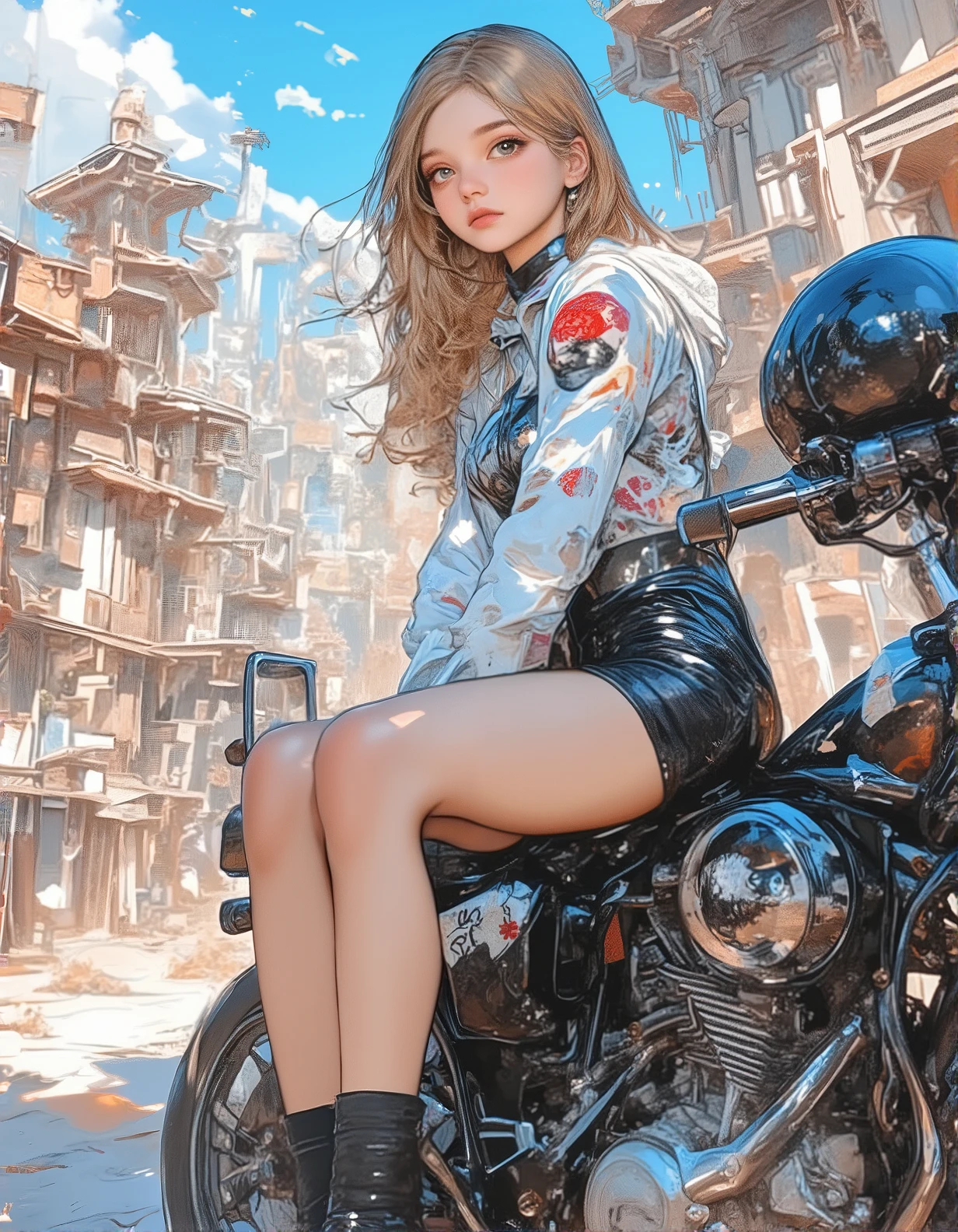 (1 girl) 、Create an "ride on motor vehicle" scene where a beautiful dark gray-eyed Japanese young highschool girl .gold color highlight hair,ash gold color hair,hairstyle、 (Flat Color:1.6),(((upper body))),(ultrafine sketch line art:1.6),(dynamic angle),お尻を突き出す,high-technology sneakers,black socks,helmet
BRAKE
、 1 girl, alone, ((sitting)),(dynamic angle:0.9) 、1woman 、 (dutch angle ,dynamic pose:1.3) ,(small eyes:1.1)

break  
、beautiful absurdres 、highres extremely detailed 、high quality 、simple background 、4K 、8k 、wallpaper 
、
break 
  , (( from below )),cute face, top quality，​masterpiece、ars old
