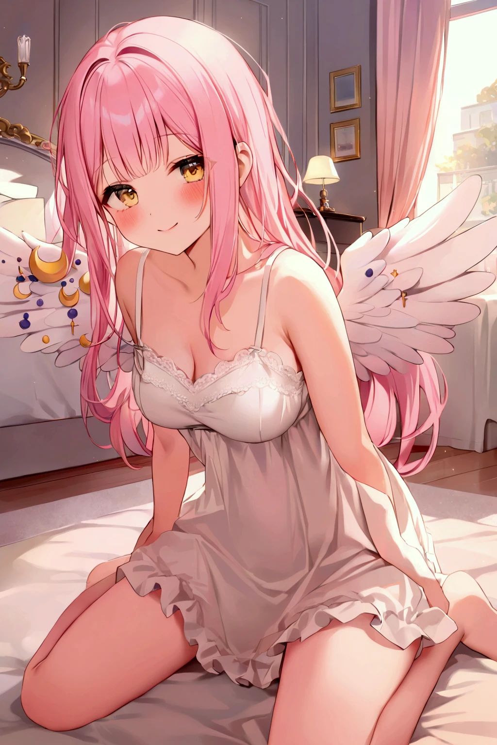  girl、mika,White Wings、Pink hair color、 side tail、 white camisole 、 Bedroom、smile、 wariza