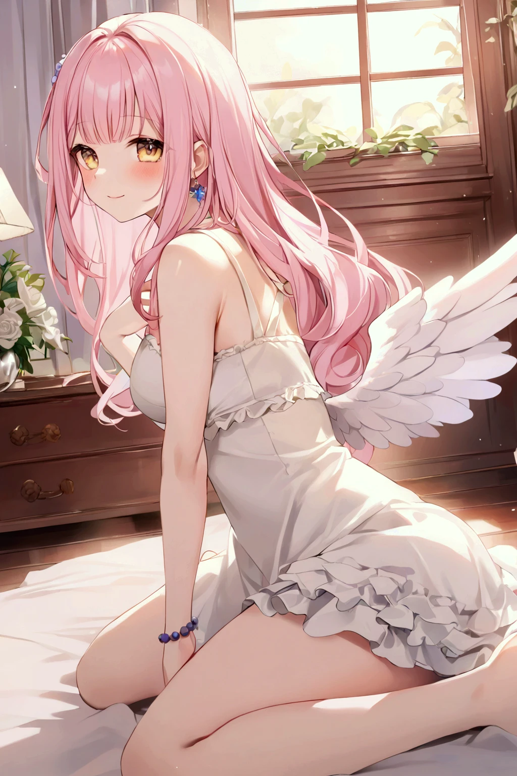  girl、mika,White Wings、Pink hair color、 side tail、 white camisole 、 Bedroom、smile、 wariza