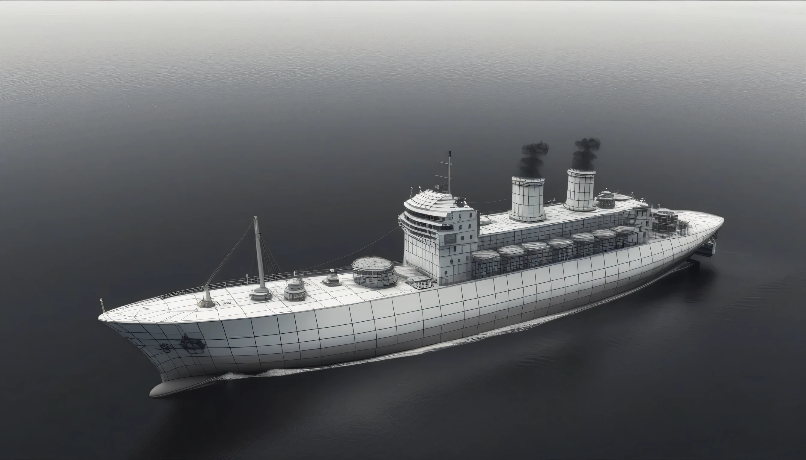 3dm,monochrome,grey  grid color matching,Create a 3D animation style image of a ship water 