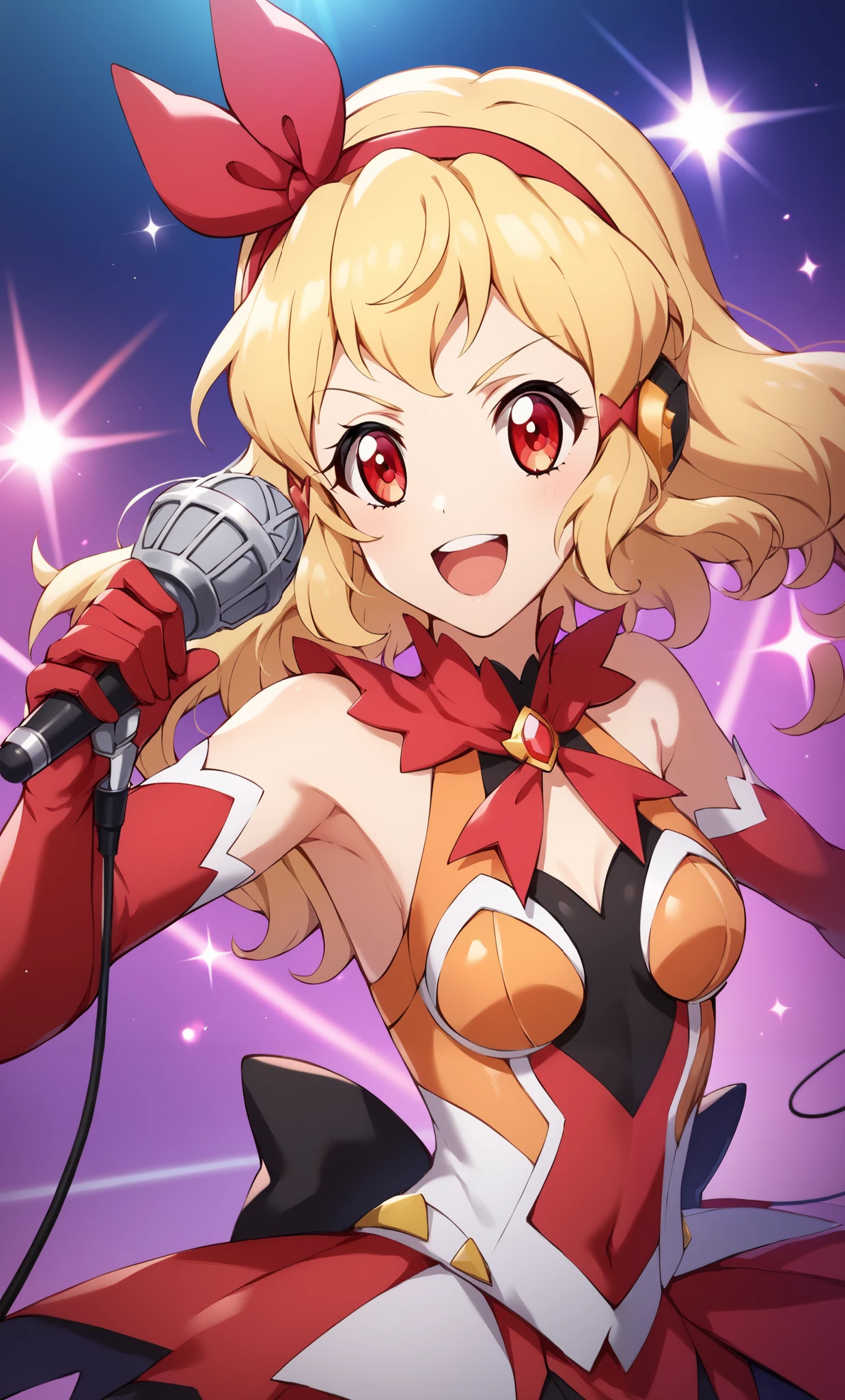 (RED Ribbon on HAIRband:1.2),aikatsu,1 girls,in senki zesshou symphogear style , Blonde hair,Yellow battle suit,BREAK,ultra-definition, high resolution, ultra-detail CG,caustics, Live stage, in front of super large vision, singing, stand microphone ,RED eyes