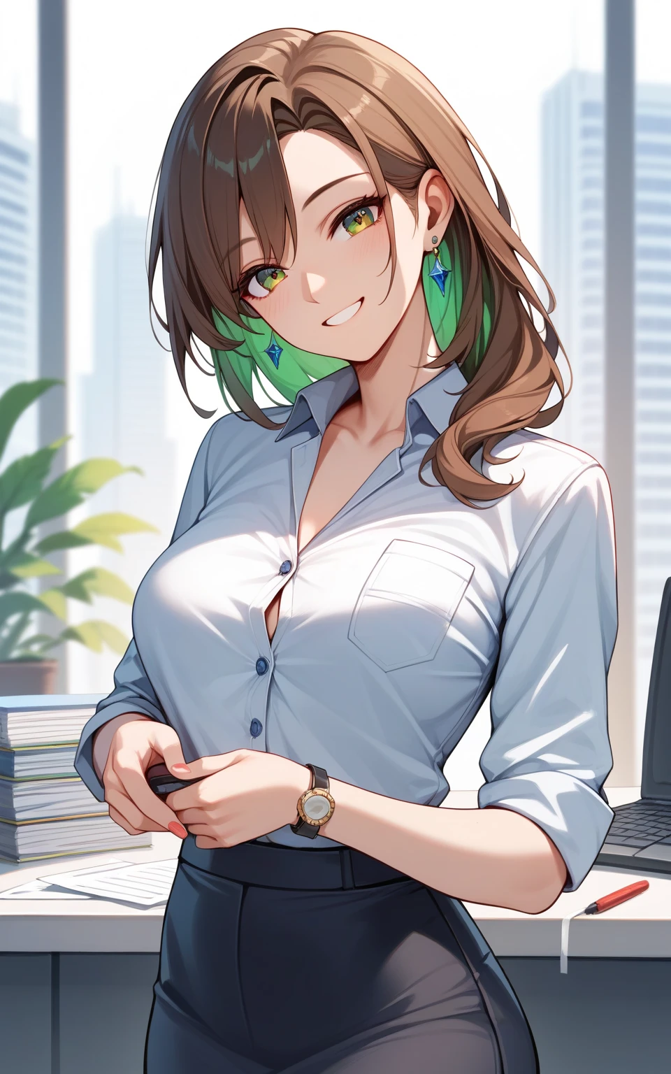 ((smile)), 
((shyness)), 
((masterpiece)), 
((best quality)), 
((high quality)), 
((ultra high res)), 
((female)), 
((high quality)), 
brown hair, Green inner hair,curi inside hair,office worker