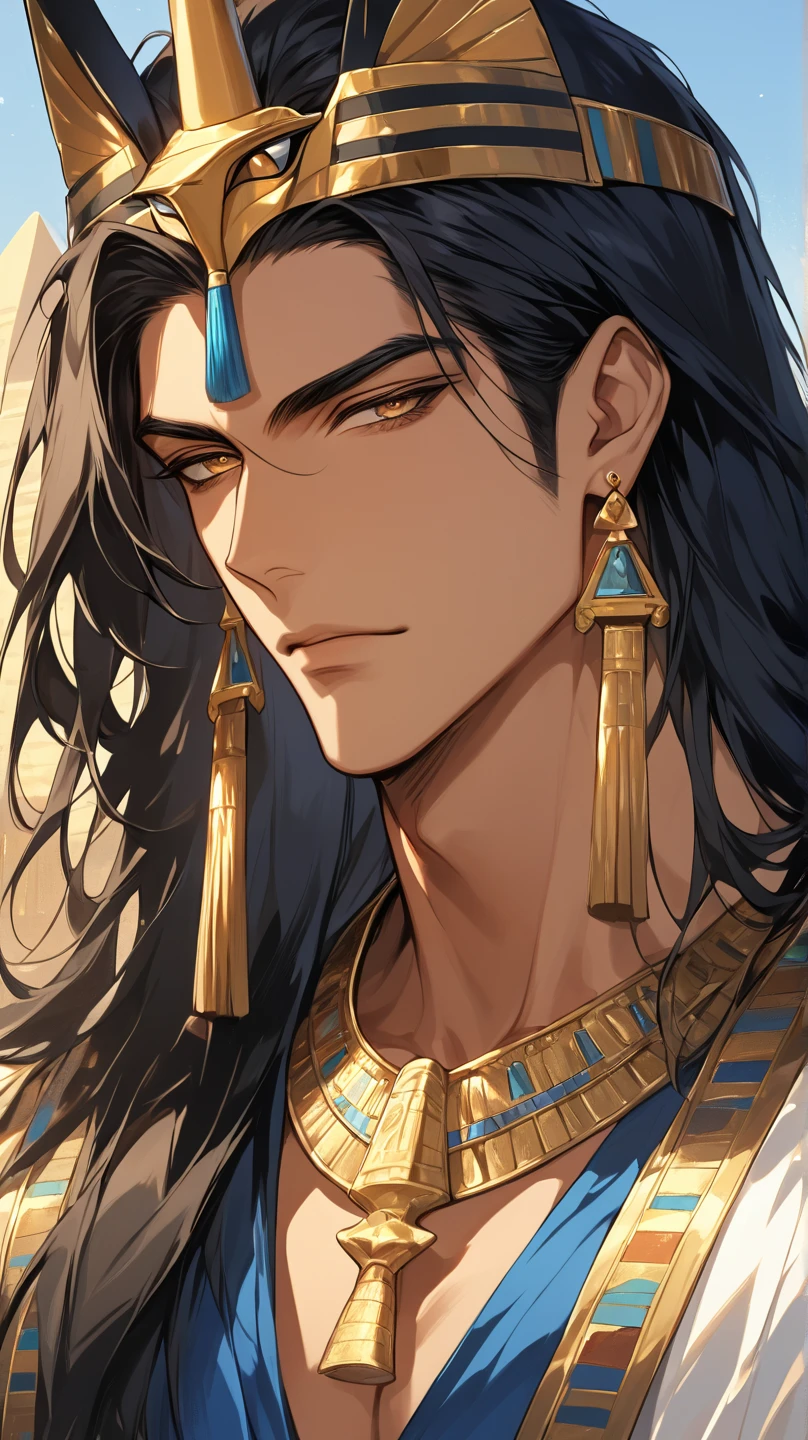 realistic, masterpiece, best quality, colorful,(finely detailed beautiful eyes and detailed face), delicated smile, happy eyes, nature lighting, extremely detailed CG unity 8k wallpaper, 1boy, tall muscular guy, Clothes: white robe with colorful jewelry fill around shoulders, naked upper body. Accessories: necklace, bracelet. Appearance: long black hair, light colored pupils, yellow eyes, Tan skin, Hair slicked up, Head tilted slightly to one side, flying bangs, handsome, background: desert, pyramid, sand, sun, morning. ancient Egypt style, Egypt, mature man