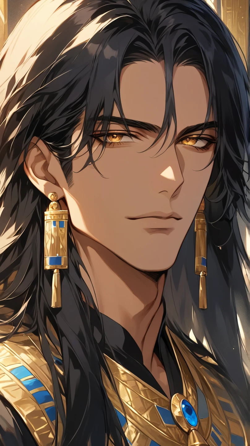 (score_9, score_8_up), long hair, masterpiece, best quality, 1 man , black hair , perfect face , gold eye , handsome male , Alone, adult male , Pharaoh, delicate line drawingimpasto, masterpiece, high resolution, Top quality, unique , 1 male , nice , tanned skin , black haired, a sultan, Egypt, open clothes