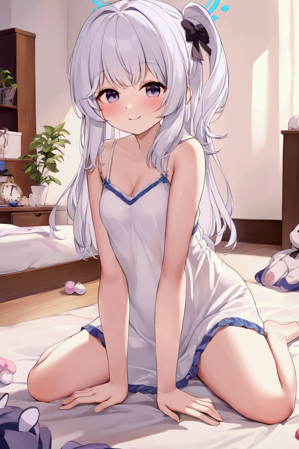 1girl in、A smile、A delightful! s Pajamas、dressing gown、blanche、Cute Dresses、(small tits)、Sleeping in large letters、Upper body portrait、