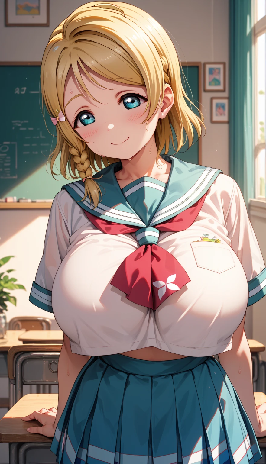 In 8K、highest quality、masterpiece、Super detailed、ultra high resolution、anime style、1 female、school classroom、white blouse、brightly printed panties、red pleated skirt、brightly printed bra、Lens flare、(Cat ear)、Bob cut blonde hair、big breasts、open your mouth and 、smile、full body shot、Pink nipples are visible、peace gesture