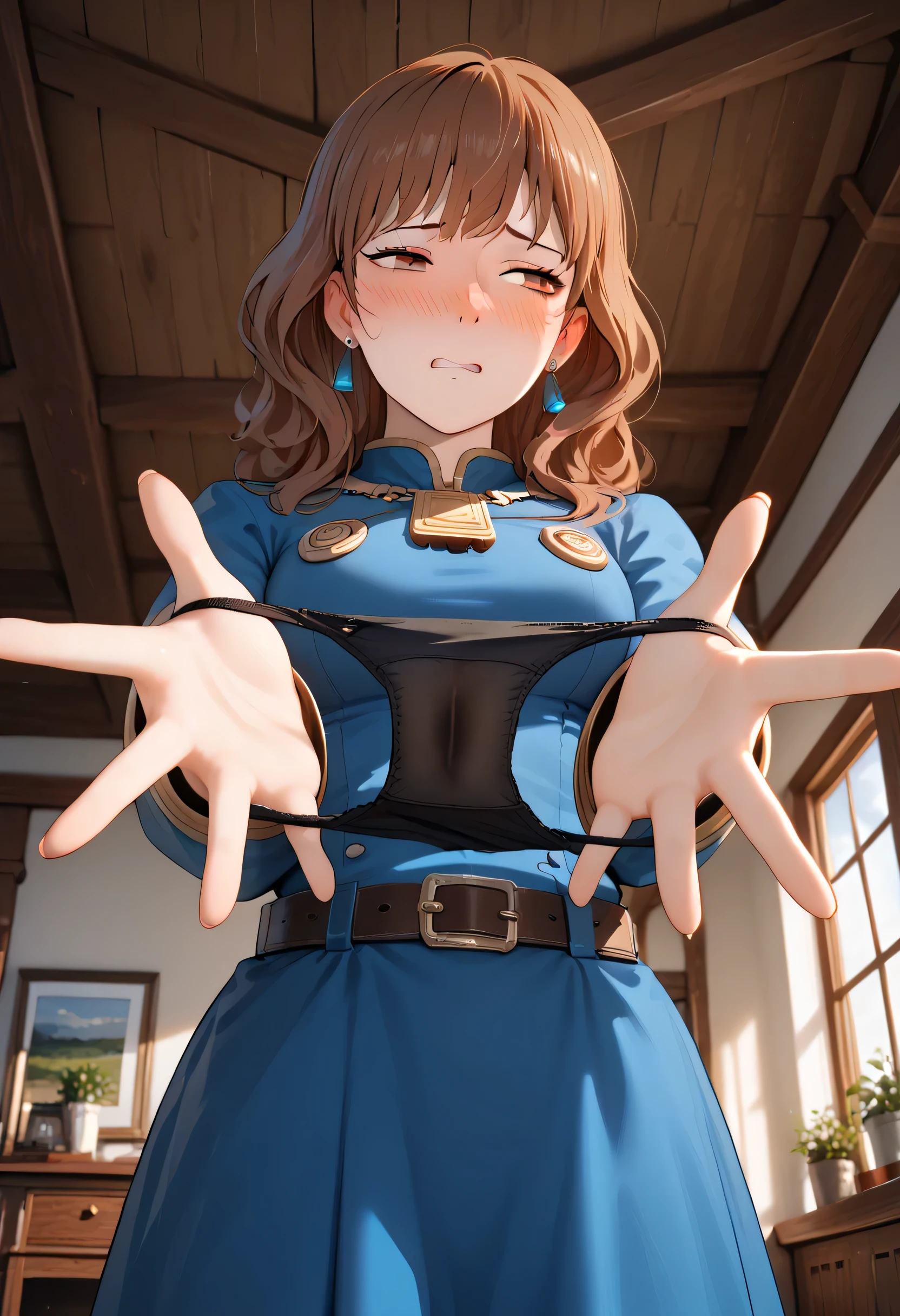 masutepiece, Best Quality, (Very detailed CG Unity 8K wallpaper) (Best Quality), (Best Illustration), (Best Shadows), Miku Nakano, Brown hair, Blue eyes, classroom, Beautiful detailed eyes, looking at viewer,(Blue Cardigan),happy,embarrassed,,bound with an excessive amount of ropes), (bound wirsts), (arms behind back), (tapegag, tape gag), dramatic, (looking at viewer), (detailed pupils:1.3) masterpiece, (best quality), perfect eyes, bound, bondage, (arms behind back:1.4), bdsm, tape gag, rope, rope bondage, close-up, restrained,curled up, best anatomy, full body, standing,high-waist skirt, long skirt, green skirt, pencil skirt