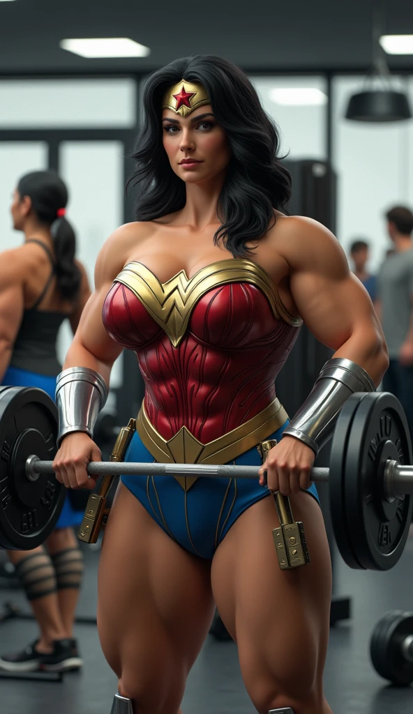 Cinematic soft lighting illuminates an incredibly detailed and ultra-realistic Wonder Woman bodybuilder, musculoso, Super Strength, armadura vermelha e azul, that is trending on ArtStation. Octane is the perfect tool to capture the softest details of this 16k photography masterpiece. The realistic scenario is of a bodybuilding gym
