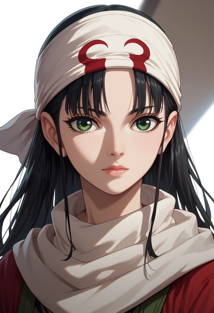 1 girl kyoukai cowl bandana on forehead black hair long hair green eyes