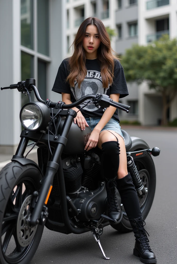 A young tanned woman, approximately 20 years old, sits casually on a black custom motorcycle. She wears a black and gray crew neck t-shirt with the band name prominently printed on it, paired with light denim shorts and black lace-up boots that reach her knees. Her light brown hair is spilled down her back. She looks chic and her pose exudes a relaxed confidence and a bit of carelessness. The motorcycle is dark in color, with visible chrome stripes and intricate details. The leather and metal elements create a sharp contrast. The asphalt is a dark gray paved road. The background is a light gray apartment building, with slightly blurred trees and leaves. Strong sunlight casts soft shadows around the subject and the motorcycle. Realistic style, dramatic lighting, natural moment, urban aesthetics, outdoor setting, motorcycle culture, biker girl, cool and charming atmosphere. Low angle shot, emphasis on the subject and the motorcycle. The bokeh effect around the subject attracts more attention. The focus is on the dynamic interaction between the subject and the motorcycle, emphasizing the image of the modern biker.