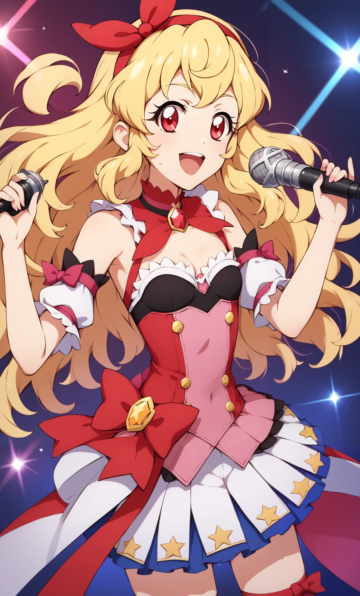 (RED Ribbon on HAIRband:1.2),aikatsu,1 girls,in senki zesshou symphogear style , Blonde hair,Yellow battle suit,BREAK,ultra-definition, high resolution, ultra-detail CG,caustics, Live stage, in front of super large vision, singing, stand microphone ,RED eyes