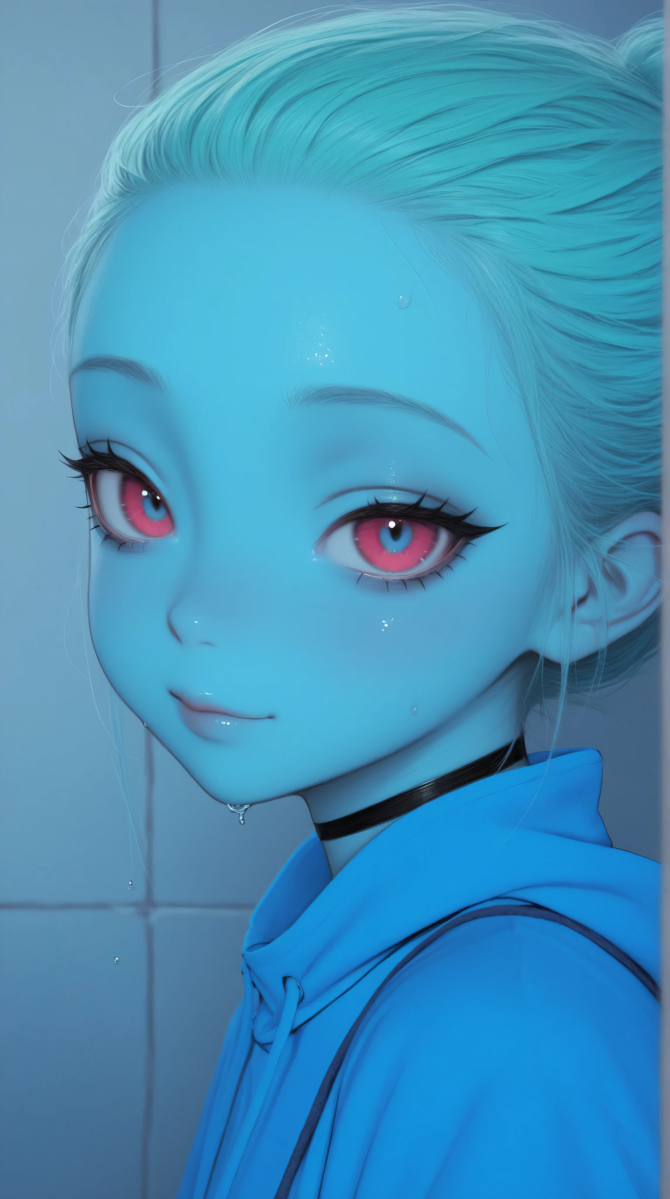 Anime girl with blue hair and pink eyes in a bathroom - SeaArt AI
