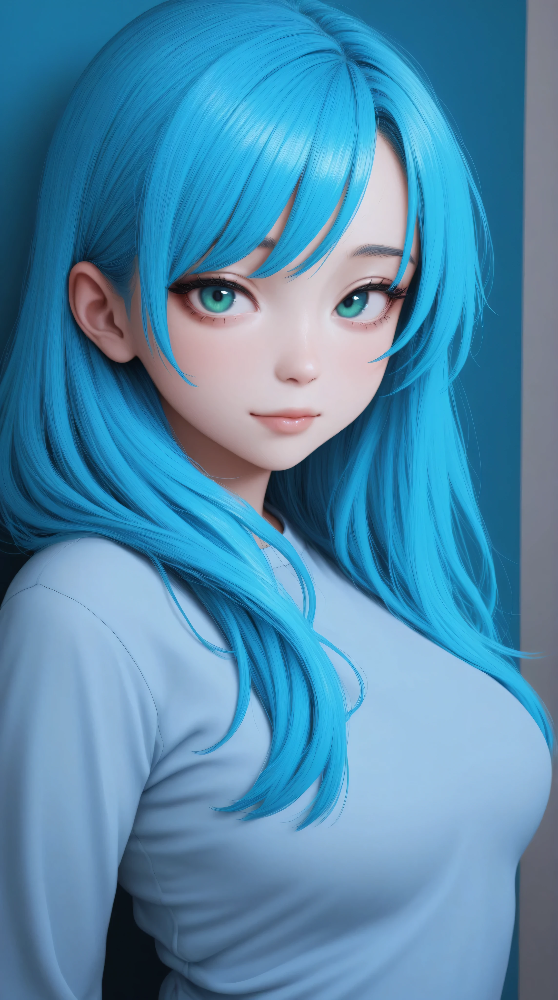 A close up of a woman with blue hair and a white shirt - SeaArt AI