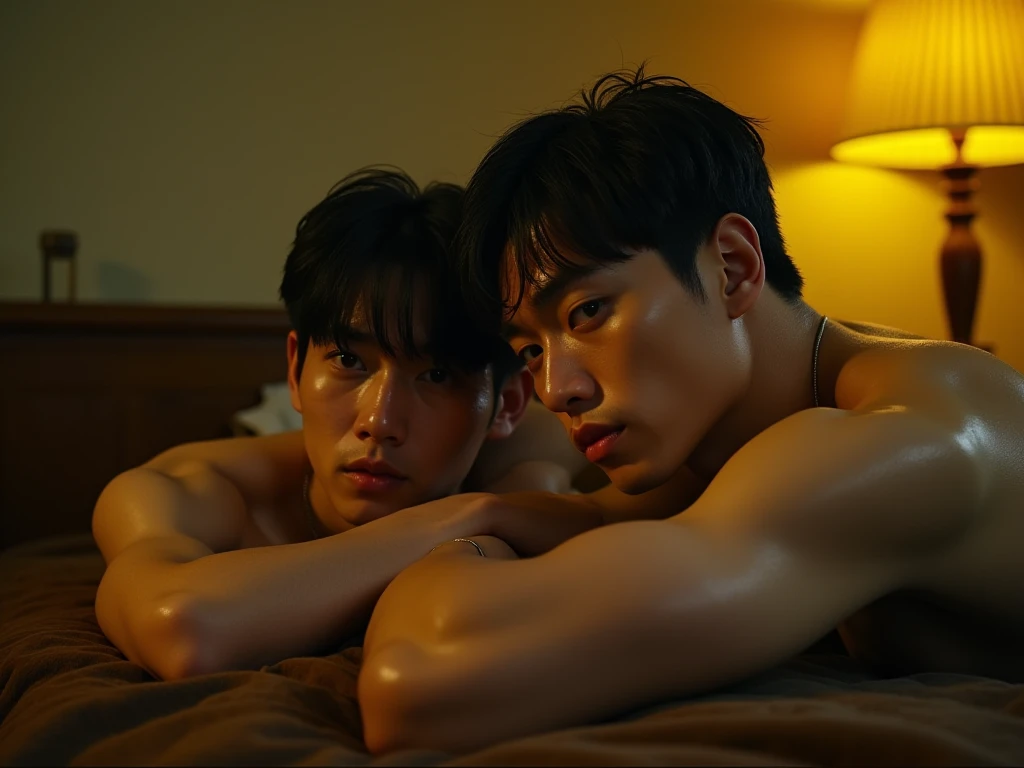 a room、Two people sitting on the floor of a room drinking alcohol、The table、Drunken Man、Sit next to you、Lean on the man next to you、Pampering、 Two men、 male-centered、 shorth hair mole under mouth、Staring at others、in a house、 Nipple Ring、 piercing、Opening Mouth、See our partnerar from the camera、the kiss、red blush. , topless , fishnet tights
