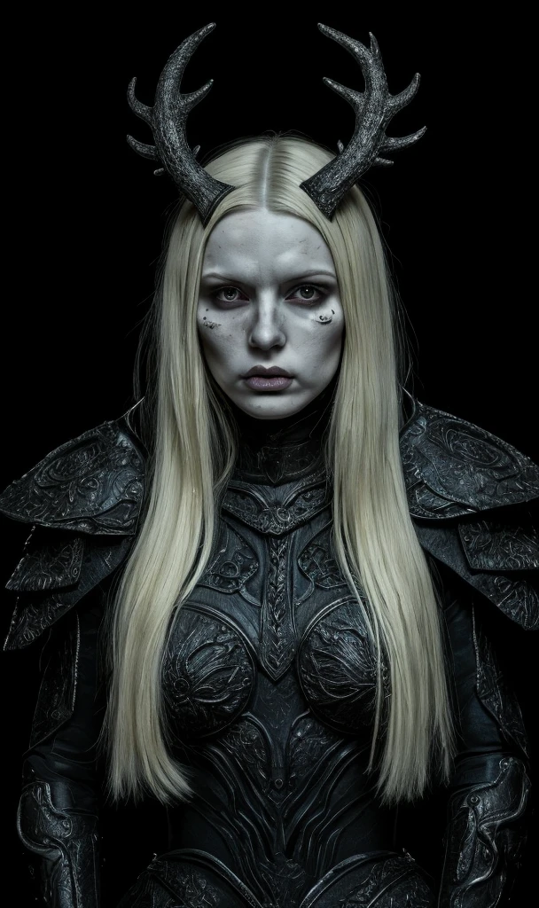 An extremely detailed hyper realistic photo depicting a striking, otherworldly female figure with mottled grey rotting skin and cold dead eyes who appears to be an undead. She has long, platinum blonde hair and piercing blue eyes, and is adorned with a dramatic, antler-like headdress that lends her an almost regal, supernatural quality. Her black iron armor is ornate and elaborate with intricate scrollwork in platinum metallic accents. The overall aesthetic is grim dark fantasy meets gothic romance drawing particular inspiration from the undead hollows of Dark Souls, evoking a sense of mystery and power. The woman's expression is one of poise and intensity, her gaze direct and captivating. The stark, high-contrast lighting and dark background add to the sense of drama and mystery surrounding this enigmatic figure. The image presents a visually striking figure that seems to bridge the realms of reality and fantasy, exuding a sense of otherworldly allure and command despite her stomach churning, horrifying undead nature.