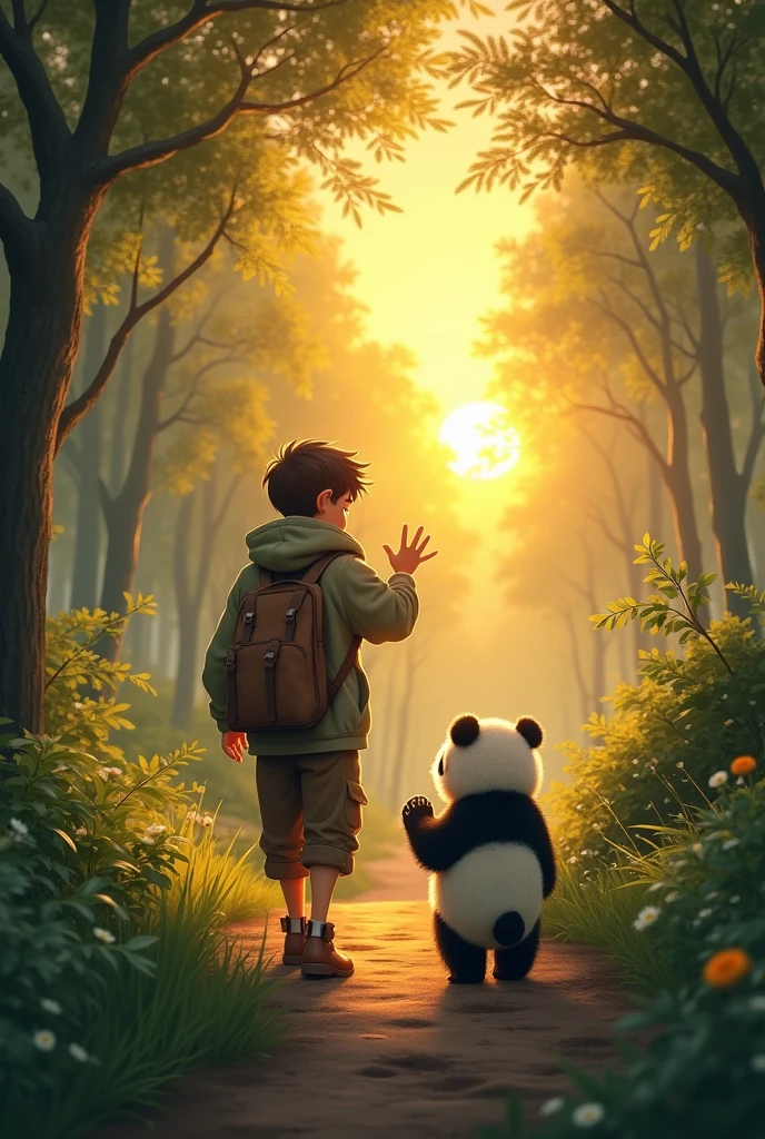 **Liam Reflecting on Their Time Together:**
   - Liam standing alone at the forest’s edge, gazing into the distance with a mixture of sadness and pride.
   - A serene, reflective scene with Liam holding a small keepsake or photo of baby panda, symbolizing their bond.
   - The peaceful forest, bathed in soft light, representing the continuation of baby panda's journey and Liam’s cherished memories