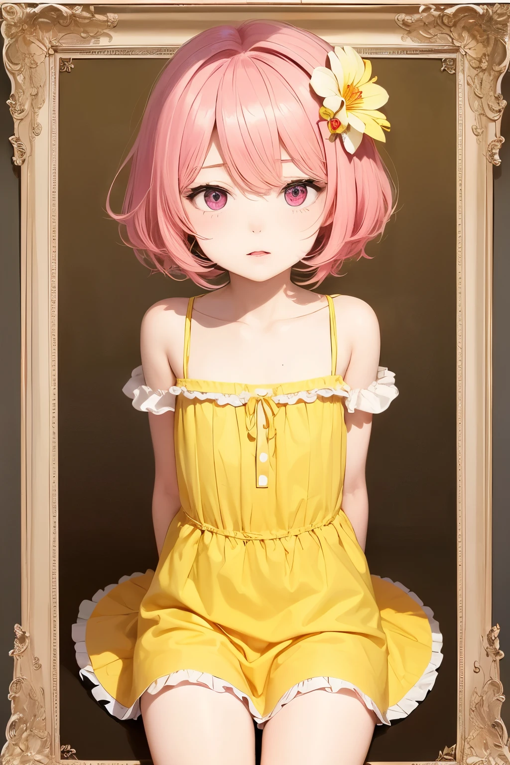 Femboy, otoko no ko, pink hair, short hair, flat chest, sexy body, cute face, Shy face, pink eyes, frilled dress, short dress, yellow dress, Lily flower background frame