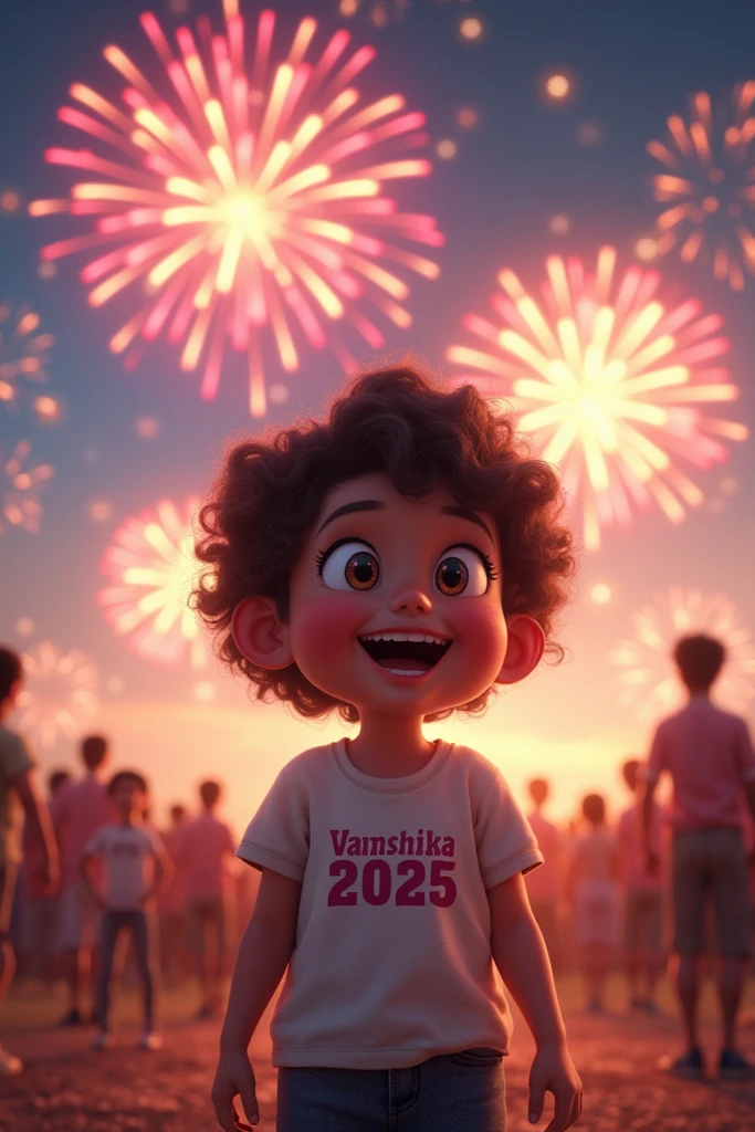 baby girl wearing tshirt with name Vanshika printed. wishing happy new year . 2025 and fire crackers in background