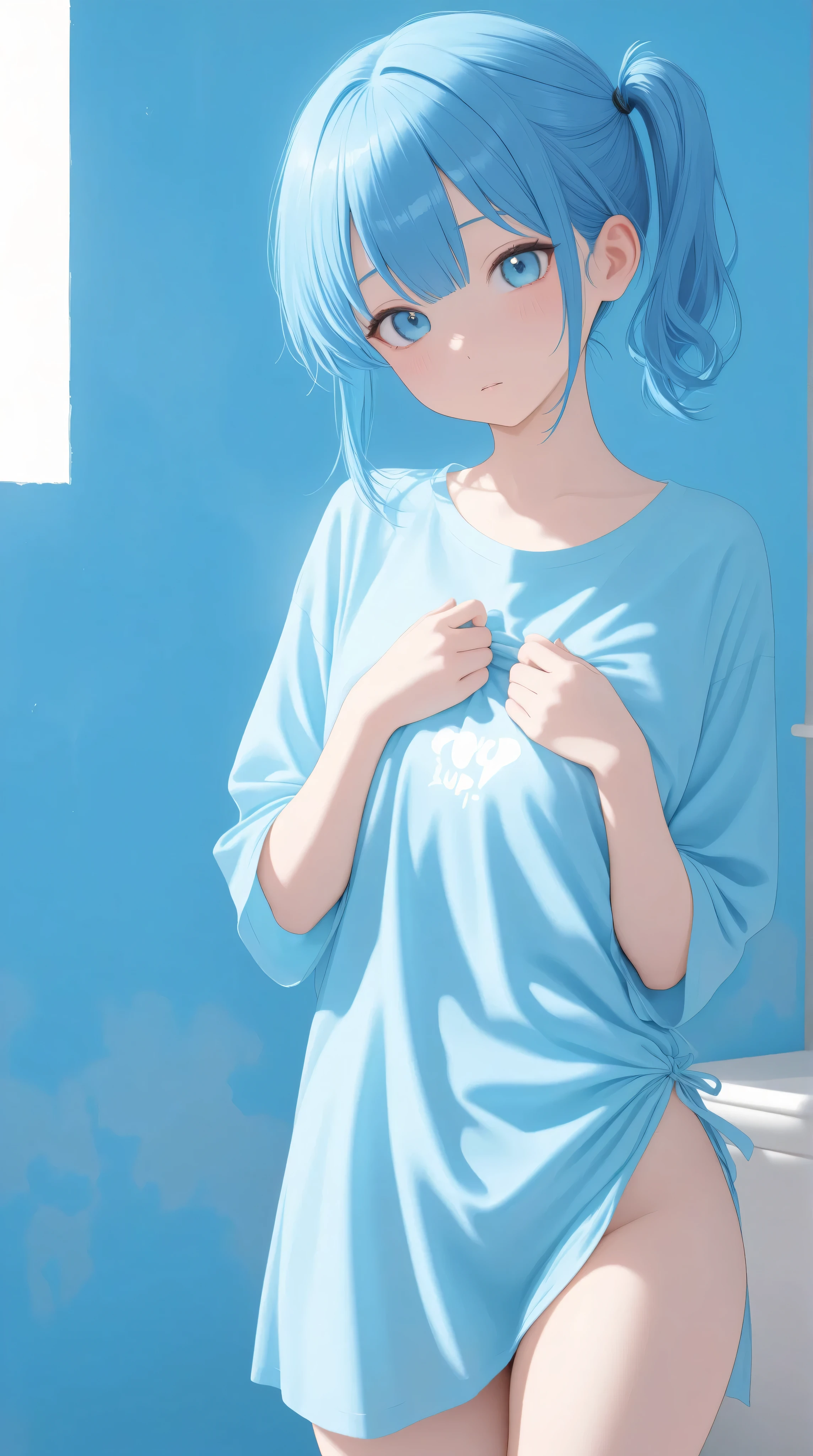 short blue hair, red eyes, wearing loose white t-shirt, no legwear, girl stretching on the bed, high angle shot close up to her face, yawn expression, closed eyes, barefoot, arms up, sweaty, bedroom, absurdres, high res, ultrasharp, 8K, masterpiece
