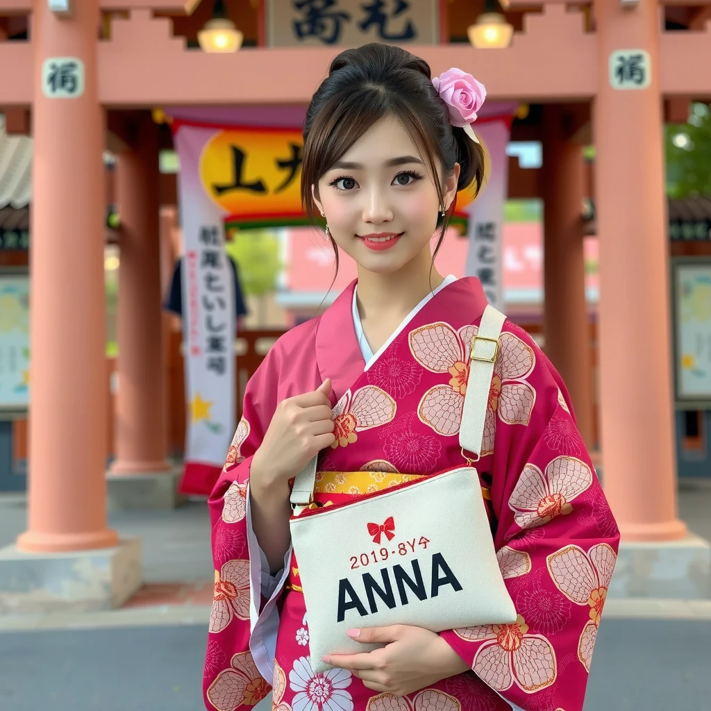 smile, ((pink Japanese kimono)), ((japan shrine)), ((first visit of the year to a japan shrine)), (Holding a bag with “ANNA” written on it with both hands), earring, high resolution, in 8K, prominent areola, RAW  photos in anime colors graphs, top quality, masterpiece, erotic, Knee, Small face, Big Breasted, top quality, high resolution, RAW photos in anime colors, beautiful, 1 person, very cute, Japanese women, is standing, (realistic1.4), photon mapping, realistic, cute, adult female, written border depth, photos in anime colors, body, Nose Soft, no makeup, Sparkling Eyes, Glossy lips, too bright natural light, bun hair, brighter sun