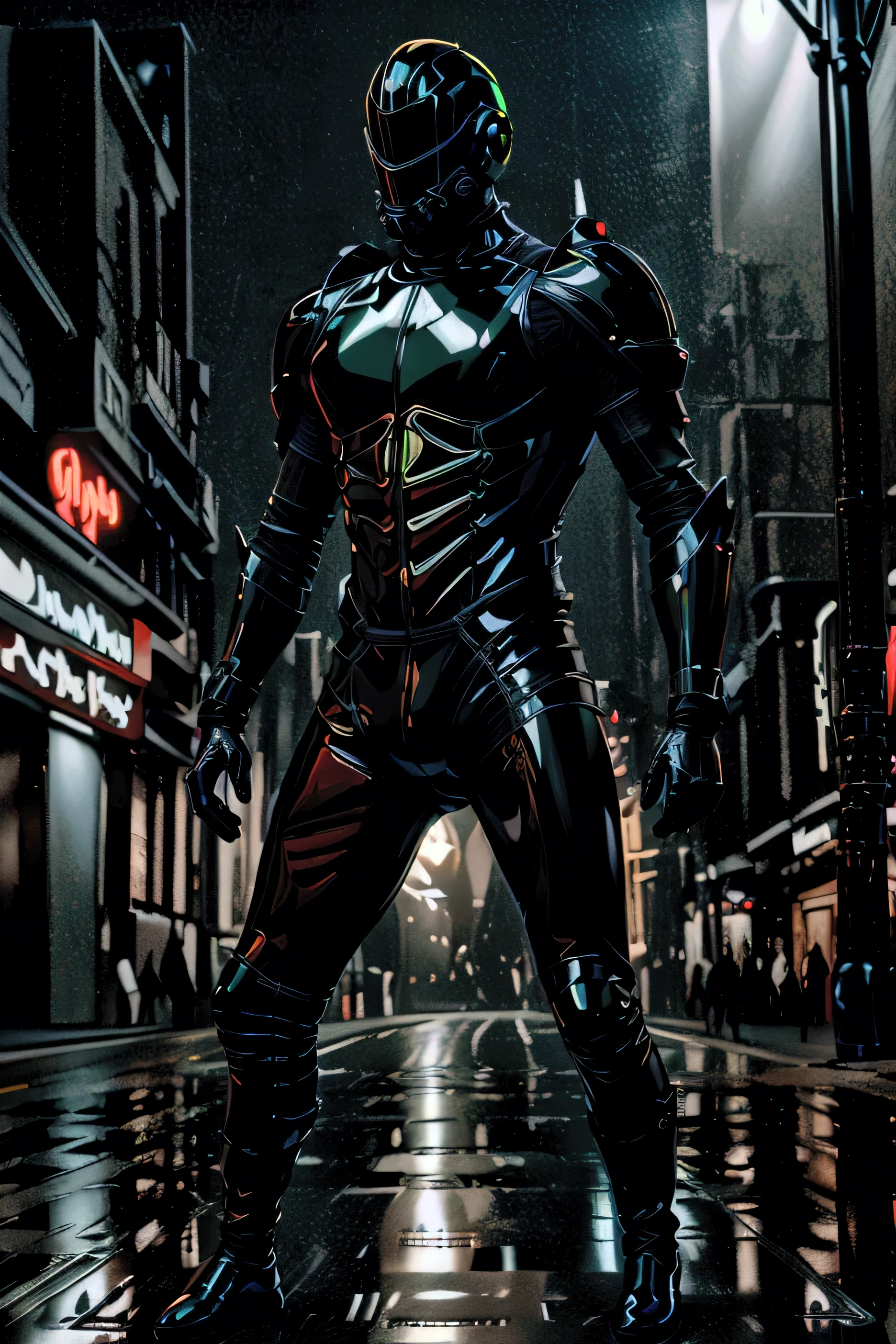 Futuristic knight in high gloss black latex armor bodysuit, wearing a fully enclosed black helmet, also made of glossy black material, with three small neon green lights on the subject's utility belt equipment, also wearing glossy black knee-high riding boots, subject is standing next to a glossy and solid black color hoverbike parked on the street, light rain telling, gray sky, cityscape