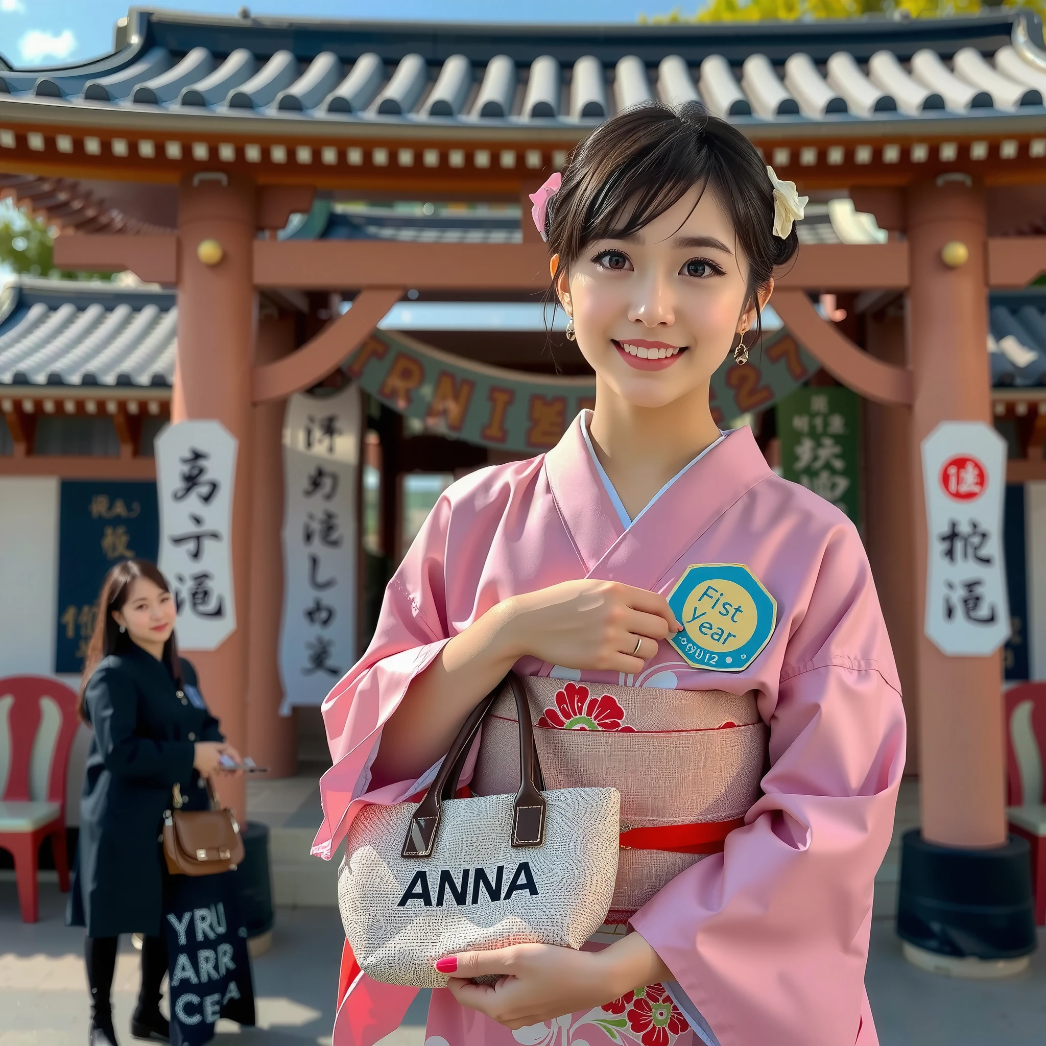 smile, ((pink Japanese kimono)), ((japan shrine)), ((first visit of the year to a japan shrine)), (Holding a bag with “ANNA” written on it with both hands), earring, high resolution, in 8K, prominent areola, RAW  photos in anime colors graphs, top quality, masterpiece, erotic, Knee, Small face, Big Breasted, top quality, high resolution, RAW photos in anime colors, beautiful, 1 person, very cute, Japanese women, is standing, (realistic1.4), photon mapping, realistic, cute, adult female, written border depth, photos in anime colors, body, Nose Soft, no makeup, Sparkling Eyes, Glossy lips, too bright natural light, bun hair, brighter sun