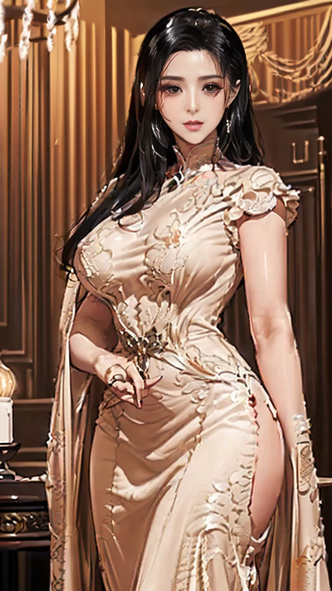 1girl in a (super beautiful, captivating) (cute hot body:1.1), (fully body wrapped in a hot, golden dress:1.3), (smart, well-proportioned figure:1.2), (long, luscious black hair:1.4), (large, voluptuous breasts:1.5), (high, curvaceous hips:1.2), and (village background:1.3), 8k.
This image portrays a stunningly beautiful and cute girl, dressed in a hot, golden dress that hugs her body and accentuates her curves. Her smart, well-proportioned figure is further emphas